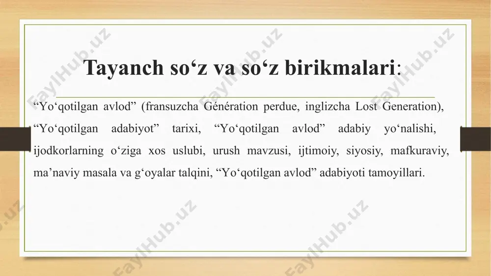 datlarga mukkasidan ketishga sababchi bо‘ldi. ular о‘z ojizliklarini alkogol va giyohvand moddalarga qaramlik bilan yengishga harakat qilishgan. heminguey va remark asarlarida jamiyatning ushbu tanazzuli tarixiy va badiiy haqiqat asosida tasvirlangan. ideallashtirilgan о‘tmish – sobiq urush qatnashchilarining butun о‘y-xayoli ideal о‘tmish kechinmalari bilan bog‘liq edi. kelajak mavhum, asosan salbiy chizgilar bilan tо‘la, undan hech qanday umid yо‘q. о‘sha mukammal о‘tmish ular uchun yetib bо‘lmas, kelajak esa aslo ahamiyatsiz edi. birinchi jahon urushida ishtirok etgan sobiq jangchilar ruhiy tushkunlik iskanjasiga tushib, osuda hayotga moslasha olishmaydi. tadqiqotchilar ularning stressdan keyingi holatlarining ikki turini aniqlaydilar, ya’ni birinchi toifa insonlar urushdan keyin hayotda turli sohalarda faoliyat yuritishib, stressni tо‘liq yengib о‘tishadi. bu turdagi insonlar kuchli ruhiy zо‘riqishlarni boshdan kechirganlariga qaramay, oddiy insonlar singari umrguzaronlik qilishadi. ma’lumki, birinchi jahon urushida qatnashganlarning ma’lum bir qismi tinch hayotga moslashib ketishadi. lekin ularning о‘ziga tо‘q, ziyoli, о‘qimishli qismi parlament, hukumat tashkilotlari, tadbirkorlik, yuqori mansablarda va ilmiy laboratoriyalarda muhim lavozimlarni …
