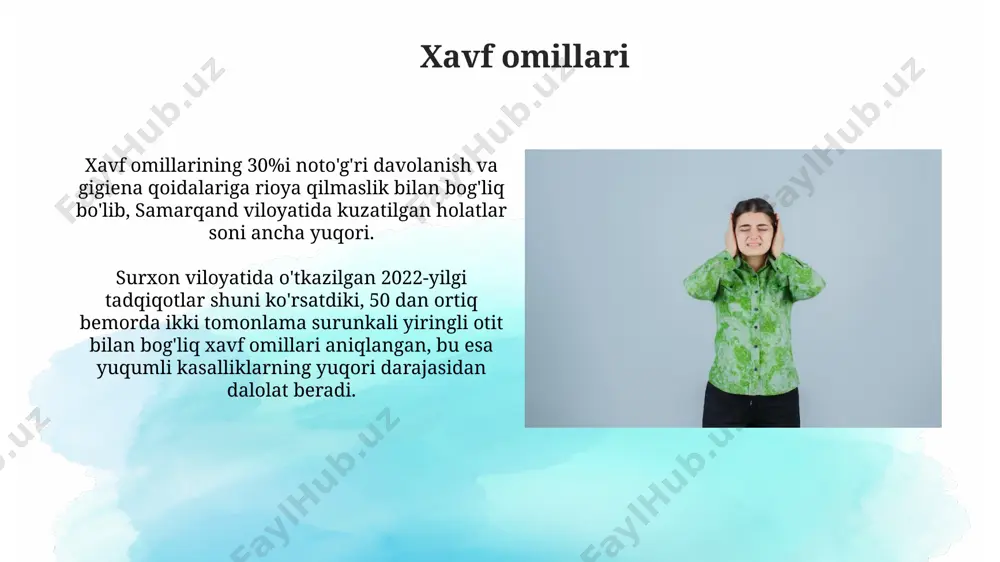 retning ko'payishi va yomon hidning kuchayishi surunkali jarayonning kuchayishini ko'rsatishi mumkin, buni andijon shahri shifoxonalarida amalga oshirilgan tadqiqotlar tasdiqlaydi. ikki tomonlama surunkali yiringli otitda, bemorlarning 70%ida quloqdan yiringli oqindi, 30%ida esa quloq og'rig'i, eshitish pasayishi va bosh aylanishi kabi alomatlar kuzatiladi. bu toshkentdagi klinik kuzatuvlarga asoslangan. davolash usullari билатерал сурункали йирингли ўрта отитни даволашда, антибиотик терапияси 7-14 кун давомида, масалан, амоксициллин 500 мг, кунига 3 марта, тошкентдаги шифохоналарда кенг қўлланилади. сурункали яллиғланишни камайтириш учун, физиотерапия муолажалари, жумладан, увч терапияси, кунига 10-15 дақиқадан 10 сеанс давомида, самарқанддаги реабилитация марказларида самарали ёрдам беради. differensial diagnostika agar bemorlarda bosh og'rig'i, 38°c dan yuqori harorat va miya qobiqlari yallig'lanishi belgilari kuzatilsa, miya absessi yoki meningit kabi jiddiy holatlarni hisobga olish zarur. surunkali otitni, ayniqsa, hindistonning qishloq joylarida keng tarqalgan tuberkulezli otit bilan farqlash muhim, bu esa diagnostika jarayonini murakkablashtirishi mumkin. davolash natijalari andijon viloyatidagi shifoxonada 5 yil davomida olib borilgan statistikaga asosan, bilateral surunkali …