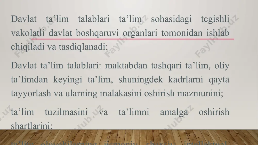 atlarga asoslanadi: o‘zbekiston respublikasi konstitutsiyasi; «ta’lim to‘g‘risida»gi o‘zbekiston respublikasi qonuni; «kadrlar tayyorlash milliy dasturi to‘g‘risida»gi o‘zbekiston respublikasi qonuni; o‘zbekiston respublikasi vazirlar mahkamasining «uzluksiz ta’lim tizimi uchun davlat ta’lim standartlarini ishlab chiqish va amalda joriy etish to‘g‘risida» 1998-yil 5-yanvardagi 5-son qarori; o‘zbekiston respublikasi vazirlar mahkamasining «uzluksiz ta’lim tizimining chet tillar bo‘yicha davlat ta’lim standartini tasdiqlash to‘g‘risida» 2013-yil 8-maydagi 124-son qarori; o‘zbekiston respublikasi vazirlar mahkamasining «umumiy o‘rta ta’lim to‘g‘risidagi nizomni tasdiqlash to‘g‘risida»gi 2017-yil 15-martdagi 140-son qarori; o‘zdst 1.0-98. «o‘zbekiston respublikasi standartlashtirish davlat tizimi. asosiy qoidalar»; o‘zdst 1.1-92. «o‘zbekiston respublikasi standartlashtirish davlat tizimi. o‘zbekiston respublikasi standartlarini ishlab chiqish, muvofiqlashtirish, tasdiqlash va ro‘yxatdan o‘tkazish tartiblari»; o‘z dst 1.5-93. «standartlashtirishga doir normativ hujjatlarni ko‘rib chiqish, tekshirish, o‘zgartirish kiritish va bekor qilish tartibi»; o‘z dst 1157:2008. hujjatlarni unifikatsiyalashtirish tizimi. tashkiliy-farmoyish hujjatlar tizimi. hujjatlarni rasmiylashtirishga bo‘lgan talablar. o‘z dst 1.8:2009. asosiy qoidalar. tavsiyalar. 3. davlat ta’lim standartini bajarish o‘zbekiston respublikasi hududida faoliyat ko‘rsatayotgan barcha umumiy o‘rta ta’lim …