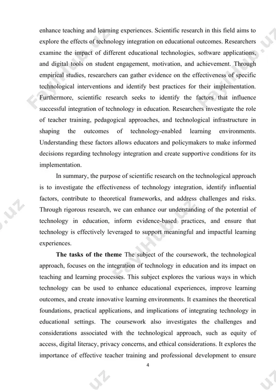 it explores the importance of effective teacher training and professional development to ensure educators are equipped with the necessary skills and knowledge to integrate technology effectively in their practice. overall, the subject of the coursework provides a comprehensive exploration of the technological approach, equipping educators with insights, strategies, and practical knowledge to leverage technology in education and create dynamic and engaging learning environments. the theory of course paper the introduction highlights the belief that technology can serve as a powerful tool to engage learners and facilitate active, personalized, and collaborative learning. it discusses the theoretical frameworks that inform the technological approach, such as constructivism, connectivism, and the idea of technology as a cognitive tool. these theories emphasize the importance of learners actively constructing knowledge, making connections, and leveraging technology as a means to support and enhance their learning process. furthermore, the introduction acknowledges the changing dynamics of the digital age …