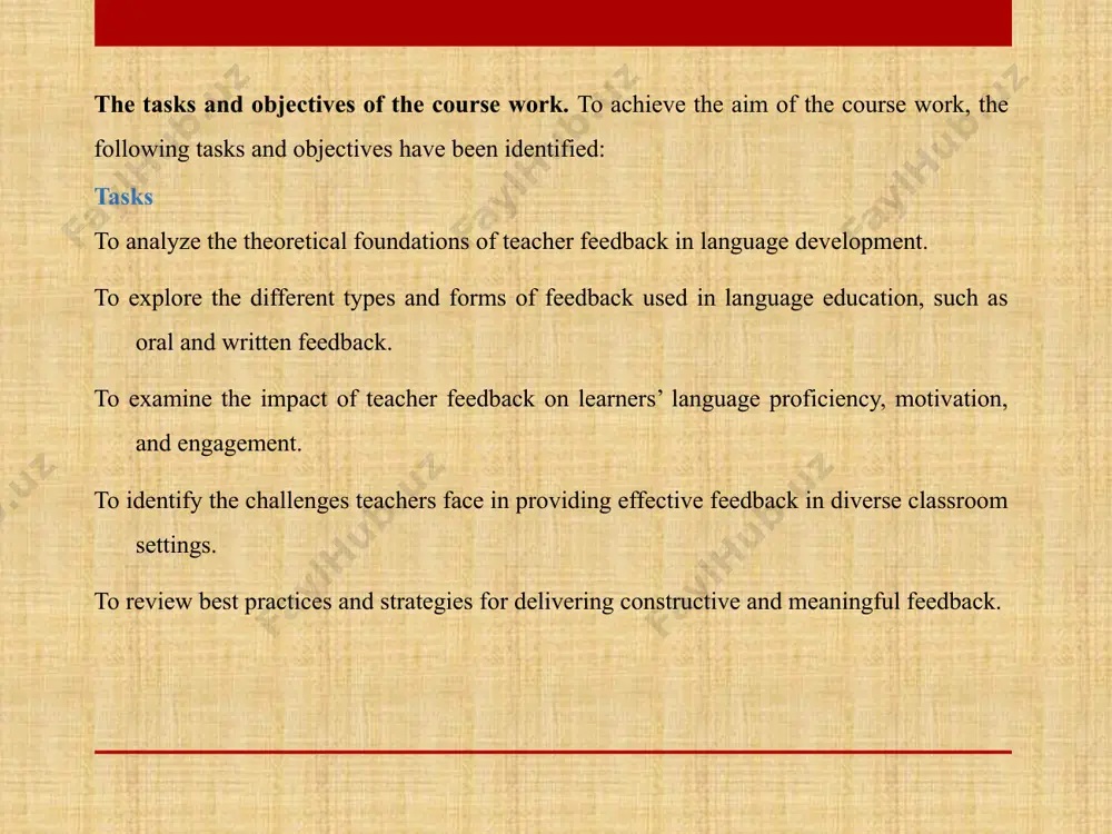 greater enthusiasm. when learners feel supported and valued, they are more likely to remain engaged and committed to their studies. ii. chapter . methods and strategies for effective teacher feedback 2.1 characteristics of effective feedback intrinsic motivation is particularly effective for long-term language acquisition because it fosters a deep, genuine interest in the language. effective teacher feedback is an essential component of the learning process, serving to guide, motivate, and inspire students toward continuous improvement. to maximize its impact, feedback must be purposeful, clear, and tailored to the needs of individual learners. there are several methods and strategies teachers can employ to ensure feedback is meaningful and promotes growth. timeliness is another crucial factor in effective feedback. feedback is most impactful when delivered promptly, as it allows students to reflect on their performance while the task is still fresh in their minds. immediate feedback ensures that corrections can be made …