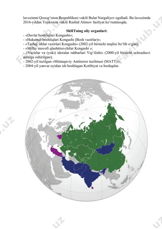 ligi» vujudga kelgan edi. 1997–1999-yillarda moskva, almati, bishkekda bo‘lib o‘tgan sammitlarda «shanxay beshligi»ning holati yanada mustahkamlanib, o‘zaro ishonch va hamkorlik munosabatlari yangi bosqichga ko‘tarildi. 2000-yil dushanbeda o‘zbekiston respublikasi birinchi marta kuzatuvchi sifatida ishtirok etdi. 2001-yilda xitoyda navbatdagi shanxay sammiti bo‘ldi. unda o‘zbekiston respublikasi birinchi prezidenti islom karimov ishtirok etib, o‘zbekistonning «shanxay forumi»ga to‘la huquqli a’zo bo‘lishi to‘g‘risida»gi bayonotni imzoladi. o‘zbekistonning «shanxay forumi»ga kirishi munosabati bilan uning nomi «shanxay hamkorlik tashkiloti – shht», deb o‘zgartirildi. sammit yakunida «shhtni tuzish to‘g‘risida»gi deklaratsiya hamda «terrorchilik, ayrimachilik va ekstremizmga qarshi kurash to‘g‘risida shanxay konvensiyasi» imzolandi. 2002-yil shhtga a’zo mamlakatlar rahbarlarining navbatdagi sankt – peterburg sammitida uchta hujjat: shhtga a’zo davlatlar rahbarlarining deklaratsiyasi, shht xartiyasi, shhtga a’zo davlatlar o‘rtasida mintaqaviy antiterror tuzilmasi (matt) haqidagi bitim imzolangan. 2003-yil moskvada bo‘lib o‘tgan sammitda shht oliy organlari haqidagi nizomlar tasdiqlandi va tashkilotning gerbi, bayrog‘i qabul qilinadi. 2003-yil shhtning pekin sammitida «shhtga a’zo davlatlarning 20 yilga mo‘ljallangan savdo – …