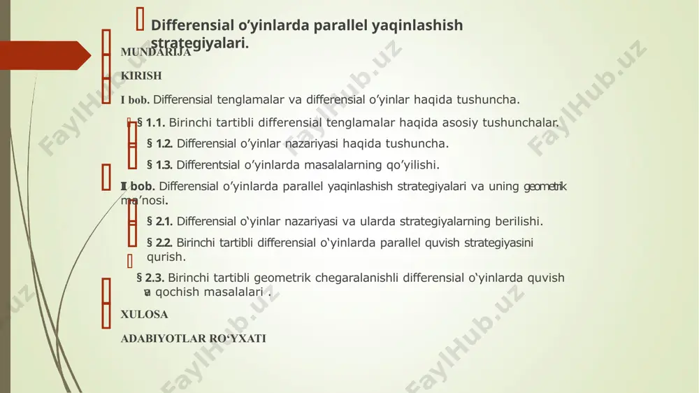 ining parallel yaqinlashish strateyasining sistematik asosda qurilishi l.a.petrosyan [2] tomonidan berilgan bo’lib, bu strategiya p- strategiya (petrosyan strateyasi) deb ham nomlanadi. l.a.petrosyan [3,4] bu usulni qo’llab, r.ayzeksning "qutilish chizig’i" haqidagi 9.5.1 masalasini hal etgan. differensial o’yinlar nazariyasi o’zbekistonda ham marhum akademik n.yu.satimov tashkil etgan ilmiy maktabining asosiy ilmiy tadqiqotlar mavzusi sifatida o’rin olganligi jahon matematiklar ommasiga yaxshi ma’lum. hozirgi kunda ushbu ilmiy maktabga akademik a.azamov rahbarlik qilib kelmoqda. ishning maqsad va vazifalari: differensial o’yinlar nazariyasining kelib chiqishi, masalalarining qo’yilishi, bir qator sodda masalalarning yechilishi, shuningdek sodda harakatli differensial o’yinlarda quvlovchining strategiyasiga eng ommalashgan usullardan biri parallel yaqinlashish strategiyasini qo’llash ko’nikmasini shakllantirishdan iborat. ishning ob’ekti va predmeti: differensial o’yinlar nazariyasining kelib chiqishi, masalalarining qo’yilishi, hamda differensial o’yinlarda parallel yaqinlashish strategiyalari va uning geometrik ma’nosining nazariy asoslari va amaliy qo‘llanilishi. ishning ilmiy yangiligi: differensial o’yinlar nazariyasida qo’yilgan masalalarni hal etish uchun eng ommalashganlaridan biri parallel yaqimlashish strategiyasi yordamida yechish metodi chuqur tahlil …