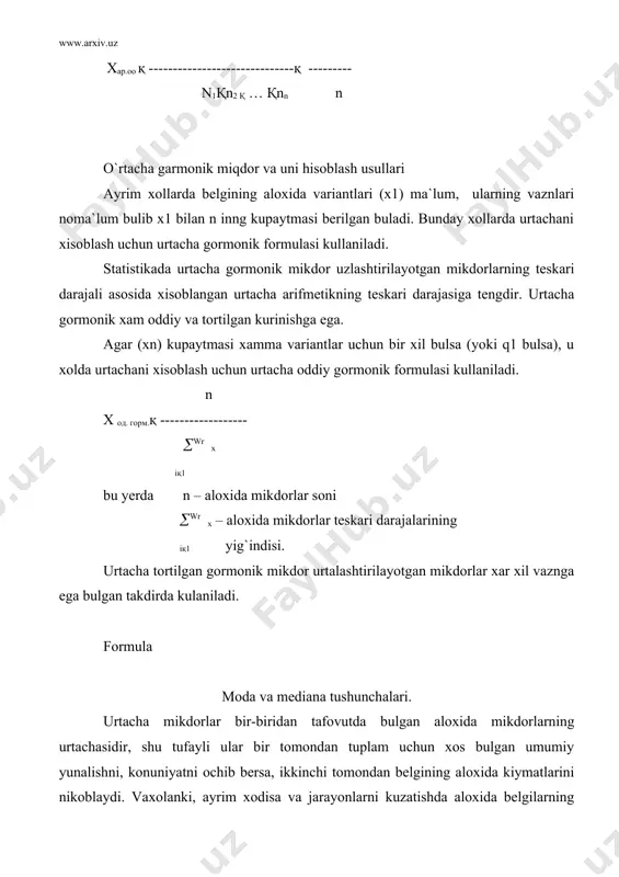yerda: · m – mediana · x – mediana orligining kuyi chegarasi · mediana oraligi · -variantlar soni yigindisi · -mediana oraligidan avvalgi oraliklar yigindisi · oralik vazni foydalanilgan adabiyotlar: 1. karimov i.a. uzbekiston bozor munosabatlariga utishning uziga xos yuli. toshkent, uzbekiston. 1993 yil. 2. karimov i.a. uzbekiston iktisodiy isloxotlarni chukurlashtirish yulida. toshkent, uzbekiston, 1995 yil. 3. soatov n.a, nabixujayev a. milliy axborotlar tizimi. «iktisod va xisobot» jurnali 1-2-son, 1994 yil. 4. ivanov b.n, ponomarenko a.n. valovoy vnutrenno`y produkt:opredeleniye, otsenki, prognoz. ekonomika, №3, 1994. 5. abdullayev y. statistikaning umumiy nazariyasi. toshkent, ukituvchi, 1993 yil 6. obhaya teoriya statistiki. pod.red. a.a.spirina, o.e.bashinoy. moskva, 1996. 7. ekonomicheskaya statistika. pod. red. y.n.ivanova. infra-m, 1998. 8. abdullayev y. makroiktisodiyo statistika. toshkent, mexnat, 1998. 9. adamov v.ye i dr. ekonomika i statistika firm. moskva, finanso` i statistika, 1996. 10. xakimova m va boshkalar. xalkaro iktisodiy munosabatlar. toshkent, ukituvchi, 1997.
