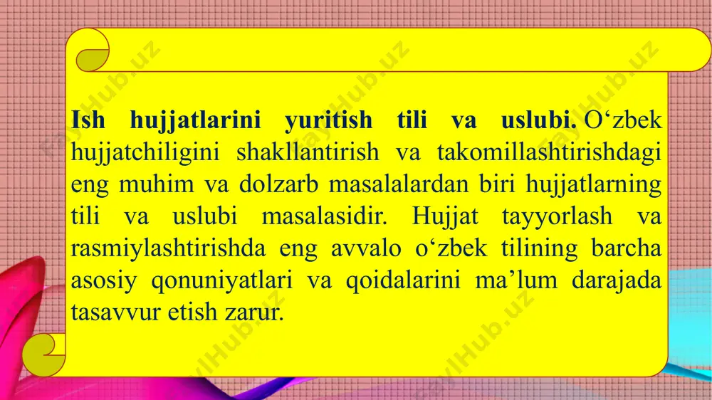 muayyan axborotni u yoki bu tarzda ifodalash uchun xizmat qiladi, demak, har qanday hujjatdagi birlamchi va asosiy unsur — bu tildir. hujjatlarning sof o‘zbek tilidagi yagona andazalarini yaratish, ular bilan bog‘liq atamalarning bir xilligiga erishish borasida ish olib borish lozim. mukammal va oqilona tashkil etilgan hujjatchilik har qanday idoradagi ish yuritishning asosi hisoblanadi. hujjatlar mazmuniga ko ‘ra murakkab hujjatlar – ikki yoki undan ortiq masalani o ‘z ichiga oladi. sodda hujatlar- muayyan bir masalani o‘z ichiga oladi. 4. xizmat yozishmalari (taklifnoma, telegramma, xatlar). ish yuritish huijatlari qo‘llanish doirasi, maqsad va vazifalariga ko‘ra to‘rt guruhga bo‘linadi: 3.ma’lumot-axborot hujjatlari (ariza, bayonnoma, dalolatnoma, ishonchnoma, tavsifnoma, tarjimayi hol, tilxat, tushuntirish xati, e’lon va boshqalar 2. farmoyish hujjatlari (buyruq, ko‘rsatma, farmoyish) l. tashkiliy hujjatlar (guvohnoma,yo‘riqnoma, nizom, shartnoma va boshqalar) hujjatlar mazmun bayonining shakliga ko ‘ra 1.xususiy hujjatlar 3. qolipli hujjatlar 2. namunaviy hujjatlar 1. xususiy hujjatlarga fuqarolardan kelib tushgan ariza va shikoyatlar, ularning asosida olib …