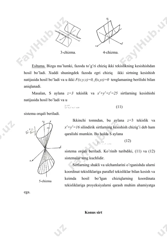 an kessak kesimda efgh giperbola hosil bo’lib unming tenglamasi. (17) dan iborat bo’ladi (7-chizma). bir pallali giperbolaidni z=h tekislik bilan kesilsa teng-lamasi qo’yidagi ko’inishda bo’lgan bfcg ellips hosil bo’ladi: (18) agar h=0 bo’lsa eng kichik yarim o’qlara ega bo’lgan oxy tekislikda yotuvchi ellips hosil bo’ladi. b. ikki pallali giperboloid. ushbu tenglma bilan aniqlanadigan sirt ikki pallali giperboloid deyiladi. kooridanata tekisliklari ikki pallali giperboloid uchun simmetriya teiksliklaridan iborat. bu sirtni oxz va oyz tekisliklari bilan kesilsa mos ravishda quyidagi giperbollar hosil bo’ladi. va (19) 8-chizma. bu giper bolalar 8-chizmada tasvirlangan. agar ikki pallali giperbolaidni z=h tekislik bilan kessak, kesimda tenglama bilan ifodalanuvchi ellipis hosil bo’ladi. . paraboloidlar a. elliptik paraboloid. ushbu (20) tenglama bilan aniqlanadigan sirt elliptik paraboloid deb ataladi. bu tenglamada p va q lar bir xil ishorali deb hisoblanadi. aniqlik uchun p>0, q>0 deb olinadi. elliptik parabolaidni oxz va oyz koordinata tekisliklari bilan kesish natijasida kesimda mos ravishda va …