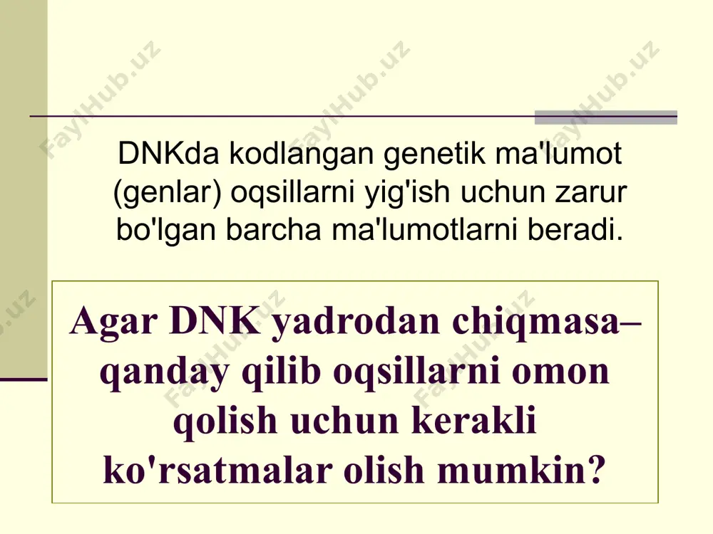 xshi dnk” oqsil kodlaydi va ekspressiyalanadi. intronlar chiqariladi va exons birlashtiriladi. o'zgartirilgan irnk yadrodan ribosomaga yuboriladi. 1b-qadam : irnk tahriri (eksonlar turli irnk hosil qilish uchun turli ketma-ketliklar bilan birlashtirilishi mumkin = turli oqsillar) over 98% of the human genome is noncoding dna we have 25,000 genes but produce more than 100,000 diff proteins = splicing 12 qiziqarli faktlar: 98% dan oshiq odam genomi kodlamaydigan dnkdan (intron) iborat… ehtimol evolutsiya sabablidir?!? bizda 25000 geni bor, lekin 100.000 dan oshiq oqsillar ishlab chiqaradi= splicing transkriptsiya: dnk → rnk transkriptsiya animatsiyasi http://www-class.unl.edu/biochem/gp2/m_biology/animation/gene/gene_a2.html http://207.207.4.198/pub/flash/26/transmenu_s.swf (juda yaxshi, lekin ba'zi qismlarini o'tkazib yuborish kerak) http://www.youtube.com/watch?v=983lhh20rgy kod qanday o'qiladi: irnkdagi har 3 ta asos bir amino kislotaga oid kodni ifodalaydi = kodon. aminokislotalar aminokislotaning birinchi 3 ta harfini qo'llash orqali ko'p marta qisqartiriladi. met = metionin leu = leutsin 2-qadam: translyatsiya kodon grafikasini o'qish uchinchi positsiya birinchi positsiya misollar: aug = methionine cau = histidine uag …