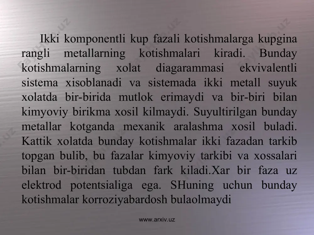 mirilgan) chogda xam kotishma yuzidagi emirilishdan xosil bulgan chukurlik 10-7 sm ga teng buladi va bu chukurlik kuzga umuman kurinmaydi www.arxiv.uz www.arxiv.uz ikki fazali kotishmalarni korroziyalanishi xar xil potentsialli ikki turdagi kristallardan tarkib topgan qotishma elektrolit eritmasiga tushurilganda unda juda kup mikroelementlar paydo buladi. kotishma yuzidagi (sirtidagi) anod kismlarda metallni emirilishi sodir buladi (ilova, 16-rasm): jarayon mexanizmi kuyidagicha boradi: m+ .  + n h2o  m+ . nh2o +  www.arxiv.uz www.arxiv.uz bunda ozod bulgan elektronlar katod uchastkasi tomon yunaladi. elektrolit eritmasidan katodga katinonlar kelib zaryadsizlanadi. elektrolitni suvli eritmasida xar doim vodorod ionlari bulgani sababli, odatda shu ionlar korroziyalanayotgan kotishmaning katod uchastkasida zaryadsizlanadi va bu uchastkalardan vodorod ajralib chikadi. bu jarayon mexanizmi kuyidagicha boradi: n+ . n2o +  n+ + n2o n + n  n2 n2 + n2 +................ + n2  n2 n vodorod pufakchalari www.arxiv.uz www.arxiv.uz zaryadsizlangan vodorod katod yuzini butunlay koplab yangi vodorod ionlarini …