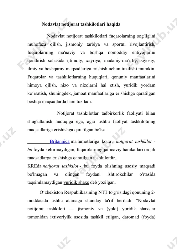 nti huzuridagi davlat boshqaruvi akademiyasida va o‘zbekiston respublikasi adliya vazirligining yuristlar malakasini oshirish institutlarida malakalarini oshirish maqsadida memorandumlar imzoladi. shuningdek, nodavlat notijorat tashkilotlarining huquqlari va qonuniy manfaatlarini himoya qilish borasidagi ishlarni yanada yaxshilash maqsadida o‘zbekiston nodavlat notijorat tashkilotlari milliy assotsiatsiyasida “ekspertlar guruhi” tashkil etildi. uning tarkibiga o‘zbekiston respublikasi advokatlar palatasi, “demokratiya va inson huquqlari” respublika jamoat birlashmasi huzuridagi hakamlik sudi, o‘zbekiston notarial palatasi, o‘zbekiston iste’molchilar huquqlarini himoya qilish jamiyatlari federatsiyasi, “madad” nnt, o‘zbekiston buxgalterlar va auditorlar milliy assotsiatsiyasi, o‘zbekiston bolalar va oilalarni qo‘llab-quvvatlash assotsiatsiyasi hamda o‘zbekiston psixologlar assotsiatsiyasi vakillari kiritilib, ular bilan hamkorlikda nntlar vakillarini jalb qilgan holda seminarlar va davra suhbatlari o‘tkazilib kelinmoqda. shu bilan birga, o‘znntma tashabbusi bilan internet tarmog‘ida “huquqiy murojaatlar guruhi” telegram kanali faoliyati yo‘lga qo‘yilgan bo‘lib, ushbu kanalga nntlarning faoliyatiga oid 110 tadan ortiq huquqiy mavzudagi ma’lumotlar joylashtirildi. ushbu kanal orqali huquqiy yordam so‘rab murojaat qilgan 17 nafar faqarolarga huquqiy maslahat yordamlari ko‘rsatildi. nntlarning umumiy …