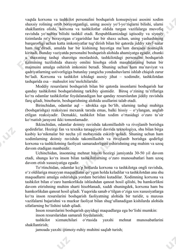 drlarni ishga qabul qilish va bo‘shatish, shuningdek kadrlarni o‘qitish, malakasini oshirish va qayta tayyorlash sohasidagi vazifalar yuklanar edi. bugungi kunda mamlakatimizda bozor iqtisodiyoti chuqur ildiz otib borayotgan davrda “kadrlar tayyorlash bo‘yicha milliy dasturi”ga muvofiq bir qator yangi talablar yuzaga keldi. ular ichida eng muhimlari: · ijtimoiy–psixologik diagnostika; · guruhlarda o‘zaro shaxsiy munosabatlarni, rahbarlik munosabatlarini tahlil qilish va tartibga solish, ishlab chiqarish va ijtimoiy ixtiloflarni hamda stresslarni boshqarish; · kadrlarni boshqarish tizimini axborot bilan ta’minlash; · bandlikni boshqarish; · bo‘sh (vakant) lavozimlarga nomzodlarni baholash va xodimlarga bo‘lgan ehtiyojlarni tahlil qilish; · kadrlar marketingi; · xizmat martabasini rejalashtirish va ijtimoiy psixologik moslashuvi (ko‘nikishi); · mehnat jarayonidagi motivlar va sabablarni boshqarish; · mehnat–huquqiy munosabatlar masalalari; · mehnat psixofizologiyasi, ergonomikasi va mehnat estetikasidan iboratdir agar ma’muriy–buyruqbozlik tizimi sharoitida bu vazifalar ikkinchi darajali vazifalar deb qaralgan bo‘lsa, bozor munosabatlariga o‘tish sharoitida ular birinchi o‘ringa chiqarildi va ularni hal qilishdan har bir korxona manfaatdordir. hozirgi vaqtda …