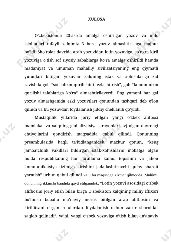 r) qonundan tashqari deb e’lon qilindi va bu yozuvdan foydalanish jiddiy cheklanib qo’yildi. mustaqillik yillarida joriy etilgan yangi o’zbek alifbosi mamlakat va xalqning globalizatsiya jarayonlari avj olgan davrdagi ehtiyojlarini qondirish maqsadida qabul qilindi. qonunning preambulasida haqli ta’kidlanganidek, mazkur qonun, “keng jamoatchilik vakillari bildirgan istak-xohishlarni inobatga olgan holda respublikaning har taraflama kamol topishini va jahon kommunikatsiya tizimiga kirishini jadallashtiruvchi qulay sharoit yaratish” uchun qabul qilindi va u bu maqsadga xizmat qilmoqda. muhimi, qonunning ikkinchi bandida qayd etilganidek, “lotin yozuvi asosidagi o’zbek alifbosini joriy etish bilan birga o’zbekiston xalqining milliy iftixori bo’lmish bebaho ma’naviy meros bitilgan arab alifbosini va kirillitsani o’rganish ulardan foydalanish uchun zarur sharoitlar saqlab qolinadi”, ya’ni, yangi o’zbek yozuviga o’tish bilan an’anaviy yoki eski yozuvlar qonundan tashqari deb e’lon qilinmagan, balki, aksincha, bu yozuvlarni o’qish-o’rganish va foydalanishni garantiyalash ko’zda tutilgan. bu qoida ushbu qonunnig jiddiy yutug’idir. xullas, yozuv va imlo islohotlari qandaydir mafkura yoki siyosiy kuchlarning maqsadlariga emas, xalq …