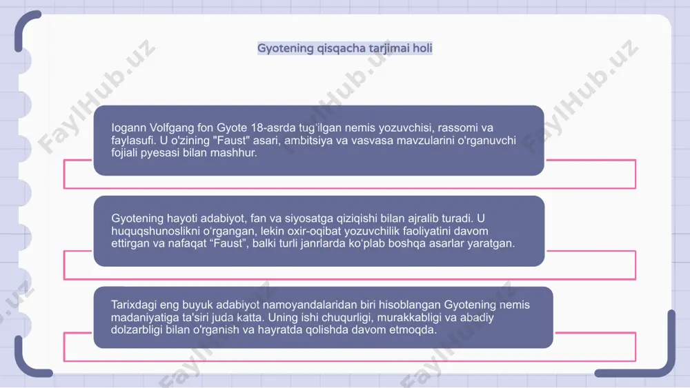 k, vasvasa va inson tajribasi mavzularini o'z ichiga olgan mashhur asardir. unda iblis bilan shartnoma tuzgan olim faustning hikoyasi davom etadi. faust xarakteri ezgulik va yovuzlik o'rtasidagi abadiy kurashni ifodalaydi, insoniyatning tabiati va bilimga intilish haqida falsafiy savollar beradi. gyote yozuvi timsol va obrazlarga boy. “faust”ni sinchiklab o‘rganish orqali o‘quvchilar gyotening inson tabiati va axloqining murakkabliklari haqidagi qarashlarini tushunishlari mumkin. matn insoniy holatni chuqur va o'ylantiruvchi tadqiq qilishni taklif qiladi. gyotening "faust" orqali merosi gyotening "faust" asari ambitsiya, kuch va najot mavzularini o'rganuvchi klassik asardir. bu nemis adabiyotining eng buyuk asarlaridan biri hisoblanadi. faust xarakterida insonning bilim va tajribaga intilishi, shuningdek, nazoratsiz ambitsiyalarning oqibatlari mujassam. gyote “faust” orqali inson tabiatining murakkabliklarini, ezgulik va yovuzlik o‘rtasidagi abadiy kurashni chuqur o‘rganadi. "faust" haqidagi xulosa va mulohazalar xulosa qilib aytadigan bo‘lsak, gyotening “faust” asari inson tabiati va bilimga intilishning murakkab tomonlarini chuqur o‘zlashtirgan abadiy durdona asaridir. asarda odob-axloq haqidagi an’anaviy qarashlarga qarshi kurash …