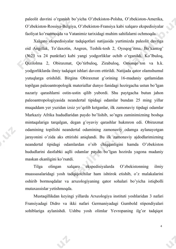 nlab ilmiy maqolalar va qator monografiyalar chop etilgan. biroq, ular hanuzgacha umumlashtirilgan holda bir tizimga solingan emas. ushbu dissertasion ish bu borada amalga oshirilayotgan ilk qadamdir. bitiruv malakaviy ishning nazariy-uslubiy asoslari. dissertasiya ishida tadqiq etilayotgan masalalarga tarixiy haqiqat va xolislik nuktai-nazaridan yondashilgan. respublikamiz prezidenti i.a. karimovning asarlarida tarixiy tadqiqotlar oldiga qo’ygan vazifalardan kelib chiqib, mavzuni yoritish bo’yicha ilmiy izlanishlar olib borish ko’zda tutilgan. ilmiy muammoni o’rganish va tahlil qilishda tarixiy – falsafiy uslublardan, ya’ni analiz va sintez, sistemalashtirish, mavhumlikdan murakkablikka intilish, qiyosiy solishtirma, obyektiv holatni tahlil qilish kabi metodlardan foydalanilgan. shuningdek, ilmiy tadqiqotda xix-xx asrlarda tosh davrini o’rganishda qo’llanilgan evolyusion nazariyadan farqli ravishda, yangi va zamonaviy progressiv ketma- ketlik nazariyasi asos qilib olindi. i bob. toshkent vohasining qadimgi tosh davrini o’rganishda xalqaro hamkorlik 1.1. ko’lbuloq makoni hamda uning atrofidagi paleolit davri yodgorliklarini o’rganilishi. ohangaron daryosi vohasi qadimiy va xushmanzara maskanlardan biri bo’lib, bu yerda qadimgi tosh davriga oid ko’plab yodgorliklar …