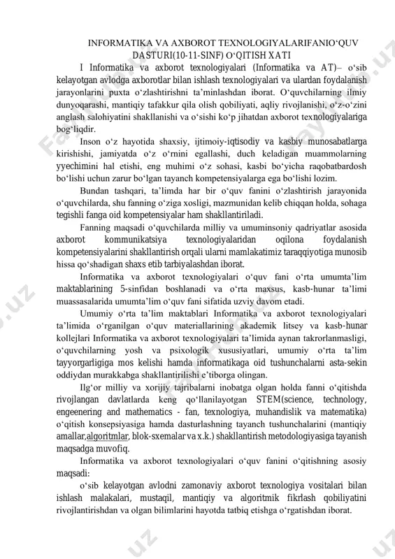 ot uzatishda internet va uning xizmatlaridansamarali foydalana oladi; axborot xavfsizligini ta’minlaydigan usullardan foydalanib axborot uzata oladi; matn va jadval protsessorlari, taqdimot dasturlari yordamida hujjatlarni pochta orqali uzata oladi. b1+axborot almashishning dasturiy ta’minotini sozlash asosida elektron tarmoqlar imkoniyatlaridan foydalana oladi; matn va jadval protsessorlari, taqdimot dasturlari yordamida hujjatlarni axborot resursi sifatida saytga joylashtira oladi. http://kompy.info/qishloq-joylarda-namunaviy-loyihalar-boyicha-yakka-tartibdagi.html informatika va axborot texnologiyalarifanioʻquv dasturi(10-11-sinf) oʻqitish xati i informatika va axborot texnologiyalari (informatika va at)– oʻsib kelayotgan avlodga axborotlar bilan ishlash texnologiyalari va ulardan foydalanish jarayonlarini puxta oʻzlashtirishni ta’minlashdan iborat. oʻquvchilarning ilmiy dunyoqarashi, mantiqiy tafakkur qila olish qobiliyati, aqliy rivojlanishi, oʻz-oʻzini anglash salohiyatini shakllanishi va oʻsishi koʻp jihatdan axborot texnologiyalariga bog‘liqdir. inson oʻz hayotida shaxsiy, ijtimoiy-iqtisodiy va kasbiy munosabatlarga kirishishi, jamiyatda oʻz oʻrnini egallashi, duch keladigan muammolarning yyechimini hal etishi, eng muhimi oʻz sohasi, kasbi boʻyicha raqobatbardosh boʻlishi uchun zarur boʻlgan tayanch kompetensiyalarga ega boʻlishi lozim. bundan tashqari, ta’limda har bir oʻquv fanini oʻzlashtirish jarayonida oʻquvchilarda, …