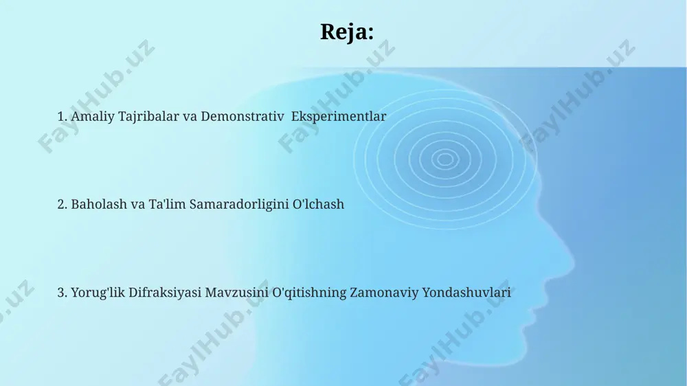 ga bo'lib, har bir guruhga individual topshiriqlar (masalan, samarqanddagi tarixiy binolarning soyasini o'rganish) berish orqali differentsiatsiya amalga oshirilishi mumkin. 9-sinf o'quvchilari uchun, 3 darajadagi murakkablikdagi amaliy ishlar (masalan, difraksion panjara yordamida to'lqin uzunligini aniqlash) tayyorlash orqali individual yondashuv ta'minlanadi. o'quvchilarning 50% o'rtacha, 25% yuqori, 25% esa past darajadagi topshiriqlarni bajaradi. 10-sinfda yorug'lik difraksiyasi mavzusini o'rgatishda, o'quvchilarning 4 xil o'rganish uslubini (vizual, auditoriy, kinestetik va mantiqiy) hisobga olgan holda, toshkent shahridagi fan olimpiadasiga tayyorgarlikni hisobga olgan holda individual dasturlar ishlab chiqish muhimdir. sekundar ta'limda "yorug'lik difraksiyasi" mavzusini o'qitishning dolzarbligi o'zbekistonning 10-sinf fizika dasturida yorug'lik difraksiyasi mavzusining chuqurroq o'rganilishi, talabalarning to'lqin optikasi bo'yicha bilim va ko'nikmalarini 20% ga oshirishga yordam beradi. zamonaviy texnologiyalar, masalan, lazer ko'rsatkichlari va difraksion panjaralar yordamida amaliy mashg'ulotlar o'tkazish, samarqanddagi maktablarda o'quvchilarning mavzuga bo'lgan qiziqishini 30% ga oshirdi. difraksiya hodisasini tushunish, 11-sinf o'quvchilari uchun keyinchalik, optik qurilmalar, masalan, mikroskop va teleskoplarning ishlashini tushunish uchun muhim bo'lgan 5 ta …