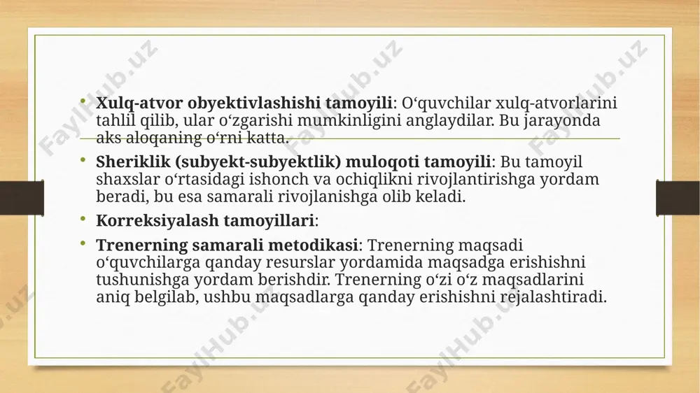 xotira labirinti" mashqi ishtirokchilarga murakkab shakllar yoki labirintlar ko‘rsatiladi. ushbu shakllarda harakat qilish yo‘lini va tasvirlarini eslab qolishlari kerak. mashqni bajarishda ishtirokchilar diqqatini kuchaytirib, xotiralarini sinovdan o‘tkazadilar. tafakkur rivojlanishi inson bilish faoliyati tarkibiga aks ettira olish shakli bo‘lgan tafakkur jarayoni ham kiradi. ma’lumki, voqelikni bilishning ikki yo'li mavjud bo‘lib, ular bevosita va bilvosita bilish yo‘llaridir. tafakkur - tashqi dunyoni bilvosita va umumlashgan holda aks ettirish jarayoni. insonning aqliy faoliyati bilishga va tajribaga, ijodiy tafakkurga asoslanadi. ya’ni bu holda tashqi dunyoni analiz, sintez, taqqoslash, umumlashtirish, mavhumlashtirish usullari orqali bilib olinadi. yangilikni yaratish insonda ilgari idrok etilgan predmet va hodisalalar haqida tasavvursiz amalga oshmaydi. . aqliy faoliyat xususiyatlari boshqa oliy psixik funksiyalar - xotira, iroda, hissiyotning hamda shaxsning individual psixologik xususiyatlari,qiziqishlar, ehtiyojlar, bilimlar, ko‘nikmalar, odatlar bilan uzviy bog’langan. insonlaming tafakkur jarayoniarini korreksiyalash va rivojlantirishda quyidagi mashqlardan foydalanish mumkin. albatta bu jarayonda yosh xususiyatlarini ham inobatga olish lozim. 1-mashq. quyidagi predmetlarga o‘z vazifasiga …
