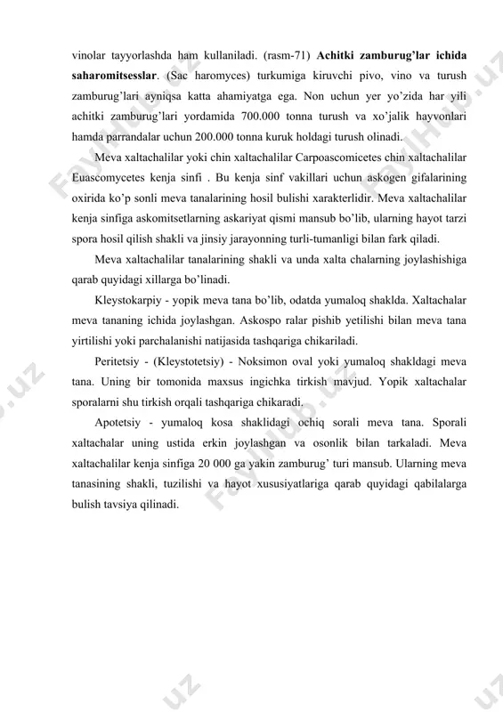 qariga chikaradi. apotetsiy - yumaloq kosa shaklidagi ochiq sorali meva tana. sporali xaltachalar uning ustida erkin joylashgan va osonlik bilan tarkaladi. meva xaltachalilar kenja sinfiga 20 000 ga yakin zamburug’ turi mansub. ularning meva tanasining shakli, tuzilishi va hayot xususiyatlariga qarab quyidagi qabilalarga bulish tavsiya qilinadi. meva tana xillari . 1-2 kleystokarp; 3-peritetsiy ; 4-5 apotetsiy ; 6- xaltachalar; 7- parafizalar; 8- perifiziq. aspergillar aspergillaceaye qabilasi - mazkur qabilaning muxim turkumlari saprofit holda o’simlik va hayvon koldiklarida mogor kurinishda keng tarqalgan. pensillin, (penicillium) va aspergill (aspergillus) hisoblanadi. ular uziga xos to’zilishga ega bo’lgan konidiyalar hosil qiladi. tashki mikroskopik to’zilishga ko’ra, bir-biriga uxshash bo’lgan bu turkumlar, ko’k, sariq va qoramtir rangli konidiya bandi va konidiya bandining tuzilishi bilan bir-biridan fark qiladi. aspergillda konidiya bandi bir hujayrali, chio’zik uchi shar shaklida kavarib chikkan. uning kavargan joyining sirtida tursimon joylashgan hujayralar bo’ladi, ularning uchlarida konidiya zanjirlari vujudga keladi. konidiya zanjirining joylanishi gulchelakdan sochilib …