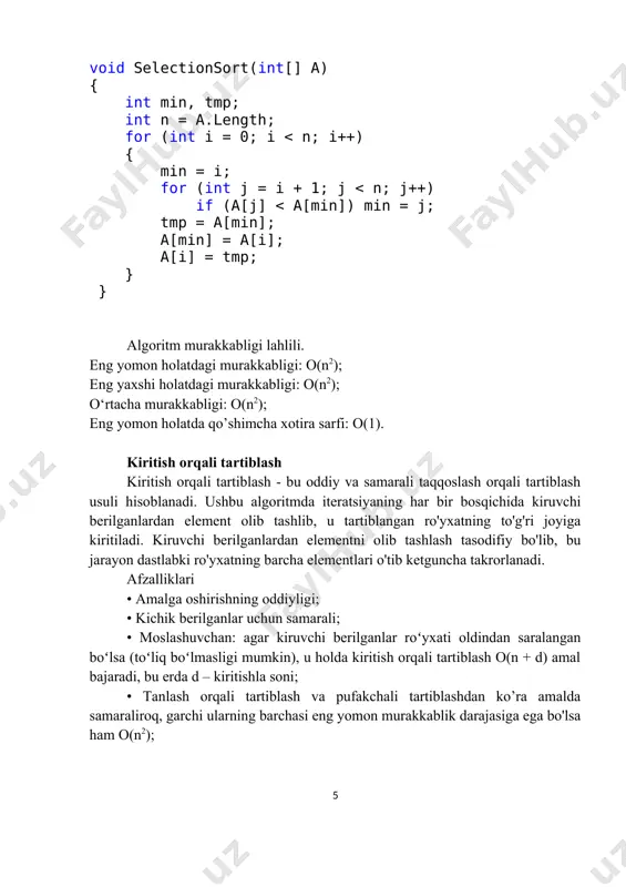 deyarli chiziqli hisoblanadi; • tanlash orqali tartiblash kattaroq qiymatlar va kichik kalitlarga ega elementlar uchun eng mos keladi. shell tartiblash shell tartiblash (shuningdek, asta kamayib boruvchi tartiblash deb ham aytiladi) donald shell tomonidan ixtiro qilingan. bu tartiblash kiritish orqali tartiblashning umumlashmasidir. kiritish orqali tartiblash qisman tartiblangan kiruvchi berilganlarda samarali ishlaydi. shell tartiblash, shuningdek, n-oraliqli kiritish ortali tartiblash sifatida ham tanilgan. kiritish orqali tartiblashda faqat qo'shni elementlar juftliklarini solishtiradi, shell tartiblashda bir nechta o'tishlarni amalga oshiradi va har bir o'tishda solishtiriladigan elementlar o’rtasidagi oraliq turlicha bo’ladi. kiritish orqali tartiblash qo'shni elementlarni taqqoslaydi va n ta siljish amalini bajaradi. shell tartiblashda qo'llaniladigan variant quyidagicha: qo'shni taqqoslash algoritmning oxirgi bosqichida amalga oshiriladi, shuning uchun shell tartiblashning oxirgi bosqichi aslida kiritish orqali tartiblash algoritmidir. bu bir-biridan uzoqda joylashgan elementlarni solishtirish va almashish imkonini berib, kiritish orqali tartiblashni yaxshilaydi. bu solishtirish orqali tartiblash algoritmlari orasida kvadratik vaqtdan kamroq vaqt ichida bajariladigan birinchi algoritmdir. shell sort …