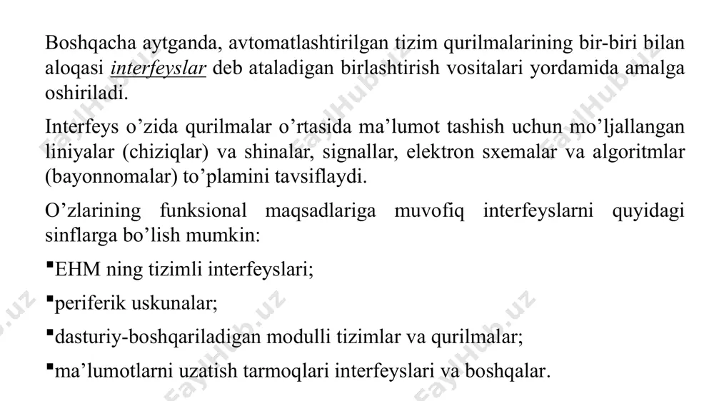 tsq, videomonitor va pq bilan mp aloqasi, ishlash tezligi juda yuqori. - orqa plan shinasi – bsb (back – side bus), u fsb ga qaraganda tezroq, bu ikkinchi darajadagi kesh-xotira bilan mp aloqasi uchun shina, - tezkor xotira shina fsb bilan tsqsini bog’laydi. - kiritish-chiqarish shinalari (kengaytirish shinalari) – mp ni pq lar bilan ulashga mo’ljallangan. ular unumdor emas, o’lchami katta, narxi va konstruksiyasi muhim ahamiyatga ega. kiritish-chiqarish tizimining asosiylaridan biri hisoblanadi. b) tashqi (pq interfeyslari) – pqni kiritish-chiqarish tizimiga ulash uchun mo’ljallangan. ular quyidagilar bo’lishi mumkin: - universal, har xil turdagi pqlarni ulash uchun, - maxsuslashtirilgan – bir turdagi pqni ulash uchun. interfeysdagi ma’lumotlarni uzatish tezligi uzatish tezligi bit/sek yoki bayt/sek bilan o’lchanadi. so’z yoki bit bitta sinxroimpulsda uzatiladi deb faraz qilamiz. u holda: f sinxroimpulslar chastotasida uzatish tezligi - parallel interfeys, n – bitlar sonida, n – so’zdagi bayt vpar=fpar n bit/sek=fpar n bayt/sek, fpar 2ggs yuqori qiymati …