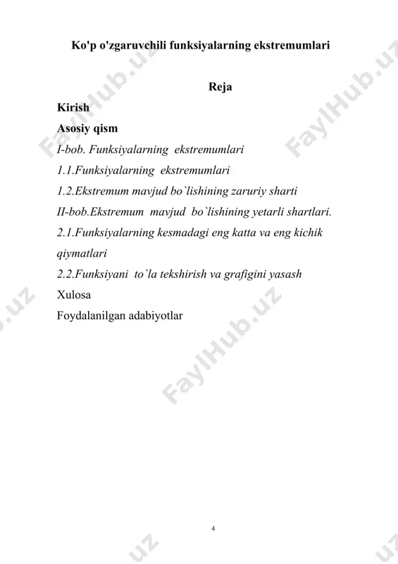 2-4 funksiyaning dagi eng kichik va eng katta qiymatlarini topamiz. buning uchun bu funksiyaning kritik nuqtalarini topamiz z`=4x, 4x=0, x=0 b) funksiyaning kritik nuqtalaridagi z2(0)=-4 ni topamiz. c) funksiyaning chegaraviy nuqtalardagi qiymatini topamiz׃ z4(2)=2*22-4=4, z3(-2)=2*(-2)2-4=4 4) topilgan z1, z2, z3, z4 qiymatlarni taqqoslaymiz. demak, -4 funksiyanig eng kichik, 4 esa eng katta qiymatidir. 3 – misol. doirada eng katta va eng kichik qiymatlarini toping. 1) funksiyaning berilgan sohadagi kritik nuqtalarini topamiz: demak, (0,0) kritik nuqta va u sohaga tegishli. 2) funksiyaning topilgan nuqtadagi qiymatini topamiz: 3) funksiyani sohaning chegarasidagi eng kichik va eng katta qiymatini topamiz. bu sohaning chegarasi x2+y2=4 aylanadan iborat, y2=4-x2 buni berilgan funksiyaga qo‘ysak z=x2-(4-x2), z=2x2-4, x2+y2=4 aylana ustidagi nuqtalar uchun , shunnig uchun z=2x2-4 funksiyaning dagi eng kichik va eng katta qiymatlarini topamiz. buning uchun bu funksiyaning kritik nuqtalarini topamiz z`=4x, 4x=0, x=0 b) funksiyaning kritik nuqtalaridagi z2(0)=-4 ni topamiz. c) funksiyaning chegaraviy nuqtalardagi qiymatini topamiz׃ …