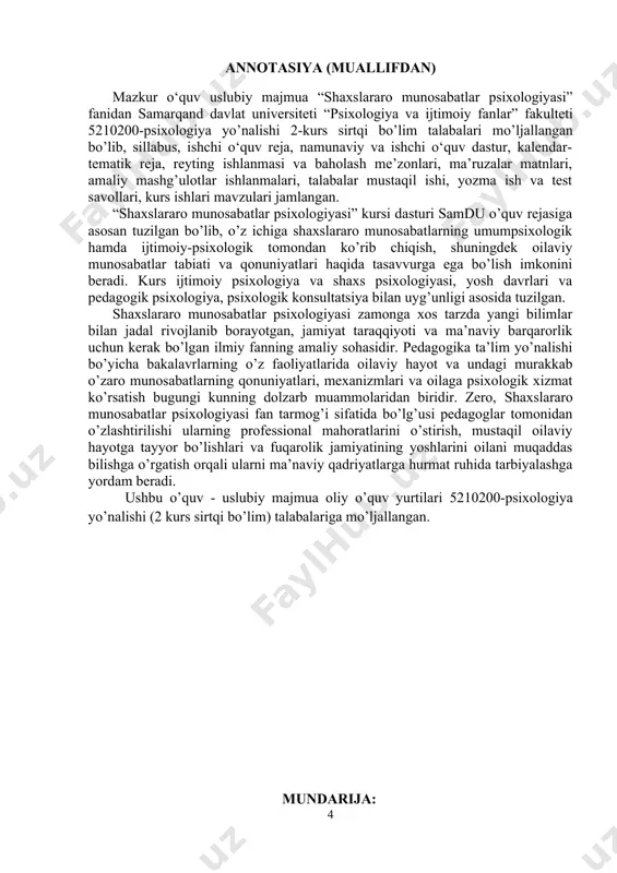 avomiyligi: 5210200-psixologiya (2 kurs sirtqi bo’lim) yo’nalishi – 4 - semestr; individual grafik asosida ishlash vaqti: chorshanba va juma kunlari 15.00 dan 17.00 gacha fanga ajratilgan soatlar: 108 auditoriya soatlari mustaqil ta'lim: 58 ma'ruza: 10 amaliyot 14 fanning boshqa fanlar bilan bog‘liqligi (prerekvizitlari) umumiy psixologiya, sotsial psixologiya, etnopsixologiya, ijtimoiy trening va amaliyot fanning boshqa fanlar bilan bog‘liqligi (postrekvizitlari) etnopsixologiya, ijtimoiy trening va amaliyot, umumiy psixologiya, mehnat va muhandislik psixologiyasi, yuridik psixologiya, sport psixologiyasi, sosiologiya, falsafa, shaxs psixologiyasi, psixologiya, pedagogika fanning mazmuni fanning dolzarbligi va qisqacha mazmuni: shaxslararo munosabatlar psixologiyasi metodini tushunish umumiy psixologiya va sosiologiya predmetini tushunishga bog’liqligini o’rganish. psixologik adabiyotlarda shaxslararo munosabatlar psixologiya predmetini birdek tushunish yo’qligini tahlil qilish. shaxslararo munosabatlar psixologiya predmetiga nisbatan mavjud uch nuqtai nazarni o’rganish. shaxslararo munosabatlar psixologiyaning boshqa fanlar, psixologiyaning boshqa turkumlari bilan munosabati. shaxslararo munosabatlar psixologiya predmeti tushunchasi. tarixni tanqidiy analiz qilish va shaxslararo munosabatlar psixologiyasidagi nazariyalarning, oqimlarning mohiyatini ochib berishga qaratilgan. mazkur …