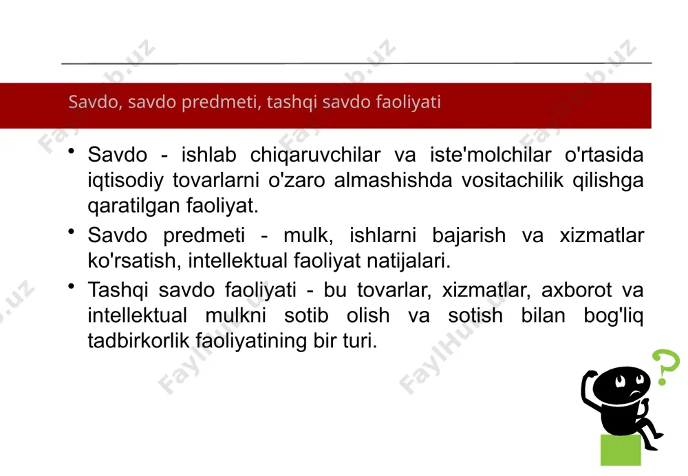 vdo munosabatlarini va ularning har birining boshqa davlatning subyektlari (fuqarolari) bilan munosabatlarini tartibga soluvchi qonun; boshqa tomondan, turli davlatlarning sub'ektlari (fuqarolari)ning xususiy shaxslar sifatidagi o'zaro munosabatlari». (shershenevich g.f.) 7 xalqaro savdo huquqi va xalqaro savdo huquqi 8 xalqaro savdo huquqi vs xalqaro savdo huquqi davlatlararo savdo munosabatlarini tartibga soluvchi qoidalar va xalqaro xususiy huquq munosabatlarini tartibga soluvchi va davlatlararo darajada ishlab chiqilgan qoidalar muayyan davlatning tashqi savdo faoliyatini tartibga solish bilan bog'liq milliy huquqning barcha normalari xalqaro savdo huquqi va xususiy xalqaro huquq 9 xalqaro savdo huquqi vs xalqaro xususiy huquq davlatlararo savdo munosabatlarini tartibga soluvchi qoidalar va xalqaro xususiy huquq munosabatlarini tartibga soluvchi va davlatlararo darajada ishlab chiqilgan qoidalar chet el elementi bilan murakkablashgan image1.wmf image2.wmf /docprops/thumbnail.jpeg