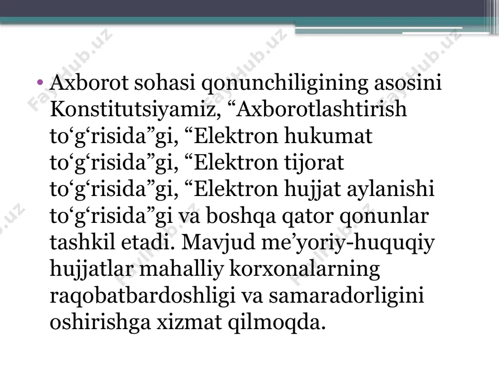 shtirishning zamonaviy jahon tamoyillarini hisobga olgan holda, milliy axborot tizimini yaratishga qaratilgan. e’tiboringiz uchun rahmat! media1.m4a image2.jpeg image3.png image4.png image5.png image6.jpeg image7.jpeg image8.jpeg image9.jpeg image10.jpeg image11.jpeg image12.png /docprops/thumbnail.jpeg