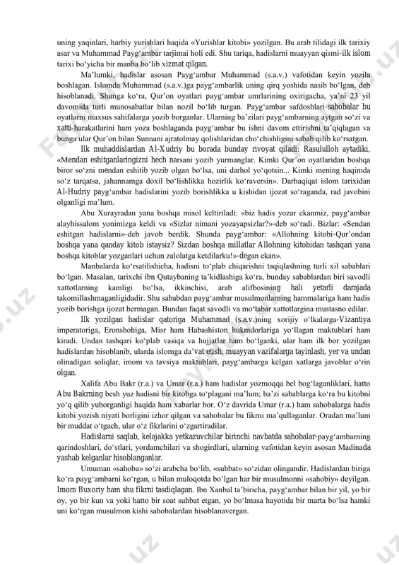 islomshunoslik va qur’onshunoslikning oxirgi xulosalari asosida suralarning xronologik tarkibini quyidagicha biroz takomillashgan shaklda tasavvur qilish mumkin: biz bu o‘rinda qur’oni karim suralarining xronologik tartibda masalasiga umumiy tarzdagina to‘xtalib o‘tdik. bu g‘oyat murakkab ilmiy masalani faqat maxsus tadqiqotdagina mufassal yoritish mumkin. qur’oni karim tuzilishi haqidagi gapni davom ettirsak, undagi har bir sura, oyatlar yig‘indisidan iborat. «oyat» so‘zi faqat qur’onning o‘ziga xos iborasi bo‘lib, «mo‘jiza», «hikmat», «ilohiy», «alomat, belgi», ma’nolarini anglatadi. qur’on-muqaddas kitob, uning mazmunini alloh so‘zlaridan iborat deb hisoblash ham qur’onning o‘zidagi ko‘rsatmalariga asoslangan: «u (alloh) bundan ilgari yuborilgan (kitoblar)ning to‘g‘riligini tasdiqlab, senga haqiqat kitobini yubordi», «biz nuhga, yaqubga va uning avlodlariga, isoga, ayyubga, yunusga, xorunga, sulaymonga qanday vahy qilgan bo‘lsak hamda dovudga zoburni qanday yuborgan bo‘lsak, senga ham o‘shanday vahy yubordik», «sening qur’onni odamlarga parcha-parcha qilib o‘qib berishing uchun biz uni bo‘laklarga bo‘lib senga yubordik». biz keltirgan va bundan boshqa ko‘p oyatlardan shunday xulosa kelib chiqadiki, qur’on o‘zidan ilgarigi diniy …