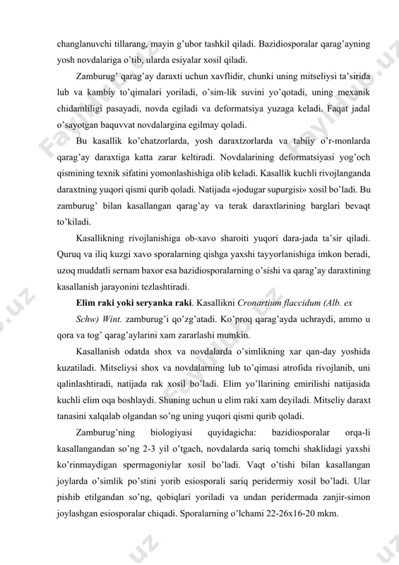 m raki xam deyiladi. mitseliy daraxt tanasini xalqalab olgandan so’ng uning yuqori qismi qurib qoladi. zamburug’ning biologiyasi quyidagicha: bazidiosporalar orqa-li kasallangandan so’ng 2-3 yil o’tgach, novdalarda sariq tomchi shaklidagi yaxshi ko’rinmaydigan spermagoniylar xosil bo’ladi. vaqt o’tishi bilan kasallangan joylarda o’simlik po’stini yorib esiosporali sariq peridermiy xosil bo’ladi. ular pishib etilgandan so’ng, qobiqlari yoriladi va undan peridermada zanjir-simon joylashgan esiosporalar chiqadi. sporalarning o’lchami 22-26x16-20 mkm. esiosporalar oraliq xo’jayin o’simlikning bargida (vincetoxinum afficinalis), shuningdek peon oilasiga mansub turlar (paeonia) – chamandagul (verbena) va yovvoyi xinada (impa-tiens) rivojlanadi va och qo’ng’ir urediniosporalar to’plami xosil qiladi. urediniosporalari oval shaklda, yupqa po’stli, o’lchami 21-24x17-21 mm. kuzda kasallangan o’simliklarda uzun (bir necha millimetr), bir xujayrali teliosporalarning ustuni paydo bo’ladi. teliosporalari cho’zinchoq-ellipssimon, sarg’ish-qo’ng’ir, o’lchami 25-60x9-16 mm, bir necha millimetrli jigarrang vertikal ustunchali. teliosporalar o’sib bazidiya va bazidiosporalar xosil qiladi. ushbu bazidiosporalar ignabarglarni kasallantiradi. zamburug’ ignabargdan o’simlikning lub va yog’och qismiga o’tadi. seryanka rakini peridermium pini (willd.) lev. …