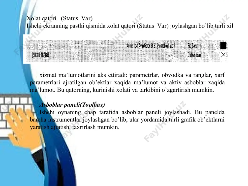 tushunish mumkin. кo’pburchakning bir varianti sifatida yulduzchani olish mumkin, bunda ichki chizilgan ko’pburchakni maydonini kesib utadi. кo’pburchakni yoki yulduzchani chizish to’rtburchak chizishdan farqi yo’k. s1g1 tugmasini bosib turgan xolda muntazam ko’pburchak chiziladi. кupburchak parametrlarini ob’ekt xossalari paneli orqali o’zgartirish mumkin. shuni aytib utish kerakki dasturda ba’zi kelishmovchiliklar xam bor. masalan, parametrlar muloqot oynasida ko’pburchakning yulduzcha shaqlidagi yana bir turi mavjud. (ro1ugon as star) кoordinata qog’ozli asbobi (graph paper) кordinata qog’ozli asbob berilgan parametrli reshyotka yaratish imkonini beradi.bunday reshyotkani grafiklar yoki diagrammalar uchun koordinatali asos qilib olish mumkin.bu instrument parametrlarini, parametrlar muloqot oynasida koordinatali qog’oz bo’limida o’zgartirish mumkin. yacheykalar soni maydonida eniga (number of cells wide) buyiga (number of cells high) ko’ra yacheykalar miqdorini o’zgartirish mumkin.кvadrat yacheykali reshyotkalarni tayyorlash uchun tugmasini bosib turish kerak. chizish asboblari (freehand). chizish asboblari istalgan chiziklrni chizish uchun mo’ljallangan. bu asbob ishi natijasida vektorli kontur xosil bo’lib bu kontur tayanch nuqtalari dastur yordamida avtomatik qo’yiladi. bu …