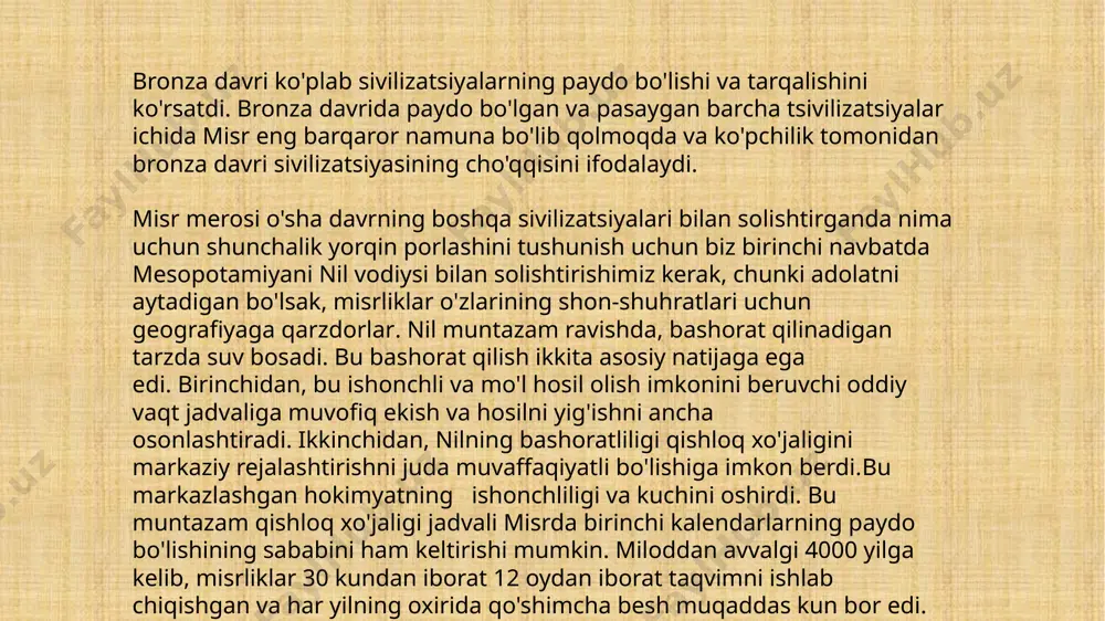 yodgorliklarni qurishga imkon berdi. misr qadimiy asarlar vazirligi maʼlumotlariga koʻra, 2020-yil fevral oyida misrlik arxeologlar naqada iii davri deb nomlanuvchi eramizdan avvalgi 3000 yilga oid 83 ta qabrni topdilar. shuningdek, qabrdan turli shakldagi turli xil mayda sopol idishlar va ba'zi dengiz chig'anoqlari, bo'yanish asboblari, ko'z qopqog'i idishlari va qimmatbaho toshlar topilgan "to'rtta it palitrasi" (miloddan avvalgi 3300-3100 yillar) naqada iii qadimgi misr tarixidan oldingi naqada madaniyatining so'nggi bosqichi bo'lib, miloddan avvalgi 3200-3000 yillarga to'g'ri keladi. bu naqada ii da boshlangan davlatning shakllanish jarayoni yuqori darajada yaqqol namoyon boʻlgan, nomlari shohlar kuchli davlatlarni boshqargan davrdir . naqada iii ko'pincha nufuzli davlatlar boshida qirollar mavjudligini aks ettirish uchun 0 -sulola yoki protodinastika davri ] deb ataladi , garchi aslida ishtirok etgan qirollar sulolaning bir qismi bo'lmagan bo'lar edi. bu davrda o'sha podshohlarning nomlari kulolchilik va qabrlarni o'z ichiga olgan turli sirtlarda serax shaklida bitilgan. davlatning shakllanishi shu davrda va balki undan ham …