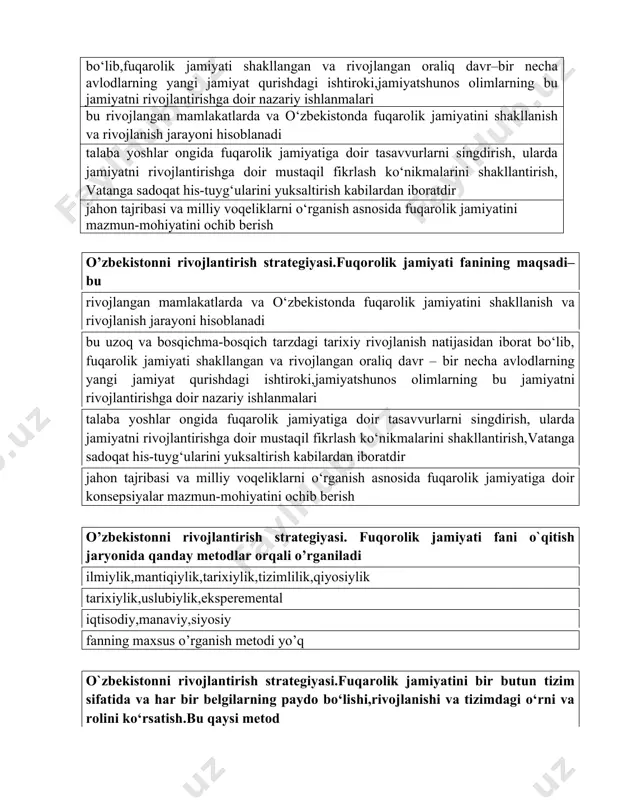 h va rivojlanish jarayoni hisoblanadi talaba yoshlar ongida fuqarolik jamiyatiga doir tasavvurlarni singdirish, ularda jamiyatni rivojlantirishga doir mustaqil fikrlash ko‘nikmalarini shakllantirish, vatanga sadoqat his-tuyg‘ularini yuksaltirish kabilardan iboratdir jahon tajribasi va milliy voqeliklarni o‘rganish asnosida fuqarolik jamiyatini mazmun-mohiyatini ochib berish o’zbekistonni rivojlantirish strategiyasi.fuqorolik jamiyati fanining maqsadi–bu rivojlangan mamlakatlarda va o‘zbekistonda fuqarolik jamiyatini shakllanish va rivojlanish jarayoni hisoblanadi bu uzoq va bosqichma-bosqich tarzdagi tarixiy rivojlanish natijasidan iborat bo‘lib, fuqarolik jamiyati shakllangan va rivojlangan oraliq davr – bir necha avlodlarning yangi jamiyat qurishdagi ishtiroki,jamiyatshunos olimlarning bu jamiyatni rivojlantirishga doir nazariy ishlanmalari talaba yoshlar ongida fuqarolik jamiyatiga doir tasavvurlarni singdirish, ularda jamiyatni rivojlantirishga doir mustaqil fikrlash ko‘nikmalarini shakllantirish,vatanga sadoqat his-tuyg‘ularini yuksaltirish kabilardan iboratdir jahon tajribasi va milliy voqeliklarni o‘rganish asnosida fuqarolik jamiyatiga doir konsepsiyalar mazmun-mohiyatini ochib berish o’zbekistonni rivojlantirish strategiyasi. fuqorolik jamiyati fani o`qitish jaryonida qanday metodlar orqali o’rganiladi ilmiylik,mantiqiylik,tarixiylik,tizimlilik,qiyosiylik tarixiylik,uslubiylik,eksperemental iqtisodiy,manaviy,siyosiy fanning maxsus o’rganish metodi yo’q o`zbekistonni rivojlantirish strategiyasi.fuqarolik jamiyatini bir butun tizim …