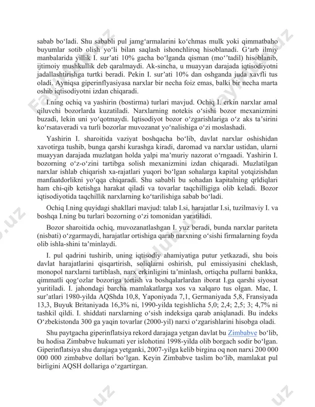 . pul rezervi dollarda boʻlgan davlatlar giperinflatsiyani oldini olishga harakat qilsa ham 1971-yillarda shu davlatlarda inflatsiya darajasi juda yuqori boʻldi. lekin 1985-yillardan keyin koʻplab davlatlarda inflatsiya darajasi 1971 −1985-yillarga qaraganda anchagina pasaydi. xo'sh pulning qadrsizlanishi deganda nima tushuniladi? pulning qadrsizlanishi deganda, bir xil miqdordagi pulga vaqti kelib kamroq bo'lgan tovar va xizmatlarni sotib olish, ya'ni sotib olinishi mumkin bo'lgan tovar va xizmatlar miqdorining vaqti kelib kamayishi tushuniladi. misol uchun, yilning boshida 100 ming so'mga sotib olish mumkin bo'lgan kundalik iste'moldagi tovar va xizmatlarning miqdori yilning oxiriga kelib kamayadi. bu esa 100 ming so'mga yilning oxirida yilning boshidagiga nisbatan xuddi o'sha tovar va xizmatlarni kamroq miqdorda sotib olish demakdir. e'tibor bering! inflyatsiyaning asosiy ko'rsatkichi bo'lib iste'mol narxlari indeksining ma'lum bir davrdagi o'zgarishi hisoblanadi. iste'mol narxlari indeksi – uy-xo'jaliklari talabidan kelib chiqib, ma'lum bir tovar va xizmatlar umumiy narxlarining o'rtacha o'zgarish darajasini aks ettiradi. ushbu umumiy ko'rsatkich iste'mol savatidagi har bir tovar …