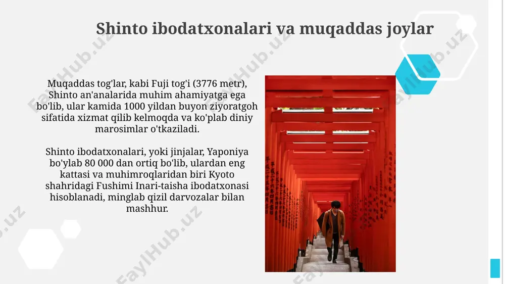 ng turli mintaqalarida, masalan, kinai hududida, tabiat hodisalari va ruhlarga sig'inish marosimlari 100 dan ortiq xudo va ruhlarni o'z ichiga olgan murakkab tizimni shakllantirgan. buddizmning shintoga ta'siri buddist falsafasi va kosmologiyasi shinto ilohiyligiga yangi talqinlar qo'shib, kamida 200 dan ortiq shinto ma'badlari buddist an'analariga mos ravishda qayta qurildi yoki kengaytirildi, ayniqsa, nara davrida. kyoto shahridagi kinkaku-ji (oltin pavilon) kabi ba'zi muqaddas joylar shinto va buddizmning sinxretik birlashuvi natijasi bo'lib, 14-asrga kelib ikkala dinning o'zaro ta'sirini yaqqol namoyon etadi. hozirgi kunda shinto dini япониядаги 127 мингга яқин синто маъбадларидан 80 000 дан ортиғи, давлат томонидан қўллаб-қувватланади ва бу маданиятнинг муҳим қисми сифатида ҳисобланади. синтонинг таъсири остида япониянинг кюсю оролидаги табиий манзараларга бағишланган 3000 дан ортиқ муқаддас жойлар сақланиб қолган. shinto diniy marosimlari va urf-odatlari shinto an'analarida "kami" deb ataluvchi 8 million xudo va ruhlar mavjudligi ishoniladi, ularning har biri o'ziga xos marosimlar va qurbonliklar bilan hurmatlanadi, masalan, inari ma'badlaridagi tulki ruhini …