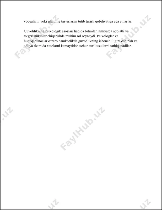 hi mumkin. 4. **vizual va audial ta'sirlar**: guvohlarning vizual yoki audial stimullarni qanday eslay olishlari o'rtasida farq borligini ko'rsatuvchi tadqiqotlar mavjud. braynard va reynar tomonidan o'tkazilgan 2003 yildagi tadqiqot natijalariga ko'ra, odamlar vizual esdalikni audialdan2 barobar yaxshi eslaydilar. 5. **ijtimoiy tasir**: guvohlarga boshqa guvohlar yoki ijtimoiy muhitdagi bosimning tasiri sezilarli bo'lishi mumkin. xatmai va irani tomonidan o'tkazilgan tadqiqot (2012 y.) shuni ko'rsatadiki, guvohlar 25% hollarda boshqa guvohlar fikri asosida o'z ko'rsatmalarini o'zgartirishlari mumkin. 6. **ko'rsatuv taqdim etish usuli**: guvohlarning ko'rsatmalarini qanday usulda ifoda etish kerakligi ham muhimdir. schweitzer va saks tomonidan 1999 yilda o'tkazilgan tadqiqot shuni ko'rsatdiki, ochiq so'rov natijasida o'rtacha guvoh ko'rsatuvlarining ishonchliligi 15% ga oshirildi, ya'ni guvohlar yaxshiroq va to'g'riroq ma'lumot beradilar. 7. **guvohlarning yoshi**: yosh guvohlar, ayniqsa bolalar guvohligi, ijtimoiy psixologiya sohasida keng tahlil qilinadi. evan va bruklar tomonidan o'tkazilgan tadqiqotlar natijasi shuni ko'rsatadiki, 10 yoshdan kichik bolalar guvoh sifatida 40% hollarda noto'g'ri guvohlik berishi mumkin, bu …
