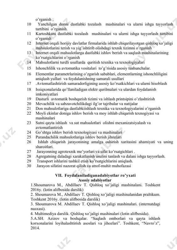 lim mavzulari 1 internet orqali horijiy davlatlar firmalarida ishlab chiqarilayotgan energetik vositalarni texnik ko’rsatgichlarini o’rganish 2 traktorlarning umumiy tuzilishi va foydalanish ko’rsatgichlarini o’rganish; 3 traktor quvvat olish valining tuzilishi vaishlash jarayonini o’rganish; 4 qishloq xo’jaligi mahsulotlarini yetishtirish bo’yicha texnologik kartalar bilan tanishish; 5 traktor ulash qurilmalarining tuzilishi va ish jarayonini o’rganish; 6 chet elda va mamlakatimizda chiqarilayotgan ishchi mashina va qurilmalar tuzilishini o’rganish 7 ko’chat o’tqazish mashinalari va ularni ishga tayyorlash tartibini o’rganish ; 8 internet orqali horijiy davlatlar firmalarida ishlab chiqarilayotgan qurilma va jihozlardan foydalanish imkoniyatlarini o’rganish 9 terilgan paxtani dastlabki tozalash mashinalari va ularni ishga tayyorlash tartibini o’rganish ; 10 yanchilgan donni dastlabki tozalash mashinalari va ularni ishga tayyorlash tartibini o’rganish. 11 kartoshkani dastlabki tozalash mashinalari va ularni ishga tayyorlash tartibini o’rganish 12 internet orqali horijiy davlatlar firmalarida ishlab chiqarilayotgan qishloq xo’jaligi mahsulotlarini terish va yig’ishtirib olishdagi texnik tizimni o’rganish 13 internet orqali mahsulotlarga dastlabki ishlov berish va …