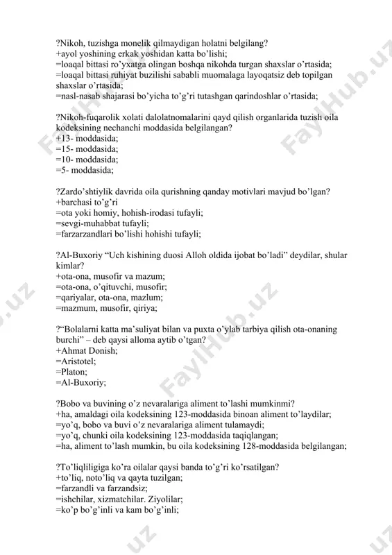 a kamaytirishi mumkin? +1 yilga; =2 yilga; =0,5 yilga; =1,5 yilga; ?qay tarzda tuzilgan nikoh huquqiy ahamiyatga ega emas? +diniy rasm-rusumlarga binoan; =notarial idora tasdig’idan o’tgan; =o’zbekiston respublikasi zags idoralarida ro’yxatdan o’tgan; =hamma javoblari to’g’ri; ?“oila haqida gapirar ekanmiz, avvalambor, oila xayotning abadiyligini avlodlar davomiyligini ta’minlaydigan shu bilan birga, kelajak nasllar qanday inson bo’lib yetishishlariga bevosita ta’sir ko’rsatadigan tarbiya o’chog’i ekanligini tan olish darkor” ushbu so’zlar kimga taaluqli? +i.a.karimov; =m. maxmudov; =g’.b.shoumarov; =sh.mirziyoyev ?nima uchun nikoh shartnomasi tuziladi? +er-xotin mulkiy huquq va majburiyatlarining mohiyatini aniqlash uchun; =er-xotining xech qachon ajralmasliklari uchun; =er- xotining shaxsiy mulklarini saqlash uchun; =er-xotin keyinchalik yaxshi , baxtli yashashlari uchun; ?bir oiladagi o’zaro qon-qarindoshlar turmush qurishlari mumkinmi? +umuman mumkin emas; =yoshlari yetganda mumkin; =o’zaro rozi bo’lganda; =sevgi muxabbat bo’lganda; ?muxammad sodiq qashg’ariyning fikricha uylanishda qizlar yigitlardan to’rt narsada ustun bo’lishi kerak, ular qaysi bandda to’g’ri ko’rsatilgan? +husnda, jamolda, hulqda, odobu-iffatda; =omadda, boylikda, did va farosatda; =bo’yda, …