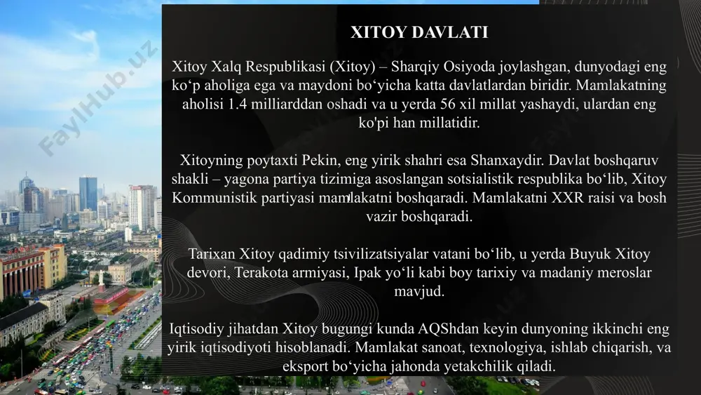 i-portal.gov.uz xitoyning eksport qiladigan asosiy oziq-ovqat mahsulotlari va ularga tegishli bozorlar qishloq xo'jaligida raqamli texnologiyalarni qo'llash orqali hamkorlikni kuchaytirish rejalashtirilmoqda. raqamli texnologiyalarning ahamiyati raqamli texnologiyalar qishloq xo'jaligida resurslarni boshqarishni optimallashtiradi va samaradorlikni oshiradi qishloq xo'jaligida raqamli texnologiyalarni qo'llash orqali hamkorlikni kuchaytirish rejalashtirilmoqda. ma'lumotlar tahlili olingan ma'lumotlar yordamida dehqonlar o'z hosilini oshirish uchun aniq qarorlar qabul qilish imkoniyatiga ega bo'lishadi qishloq xo'jaligida raqamli texnologiyalarni qo'llash orqali hamkorlikni kuchaytirish rejalashtirilmoqda. hamkorlik platformalari raqamli texnologiyalar orqali qishloq xo'jaligi ishlab chiqaruvchilari o'rtasida hamkorlikni kuchaytirish uchun platformalar yaratiladi qishloq xo'jaligida raqamli texnologiyalarni qo'llash orqali hamkorlikni kuchaytirish rejalashtirilmoqda. 10 xitoy davlatining tarixiy iqtisodiyoti xitoyning tarixiy iqtisodiyoti juda murakkab va qadimgi bo'lib, asrlar davomida sezilarli o'zgarishlarga uchragan. qadimgi davrlardan boshlab xitoy iqtisodiyoti asosan qishloq xo‘jaligiga asoslangan edi. buyuk daryolar – sariq daryo (xuanxe) va yangtszi bo‘ylarida rivojlangan dehqonchilik, ayniqsa guruch va bug‘doy yetishtirish, asosiy iqtisodiy faoliyatlardan bo‘lgan. buning natijasida xitoy katta oziq-ovqat zaxiralariga ega bo‘lgan va aholining …