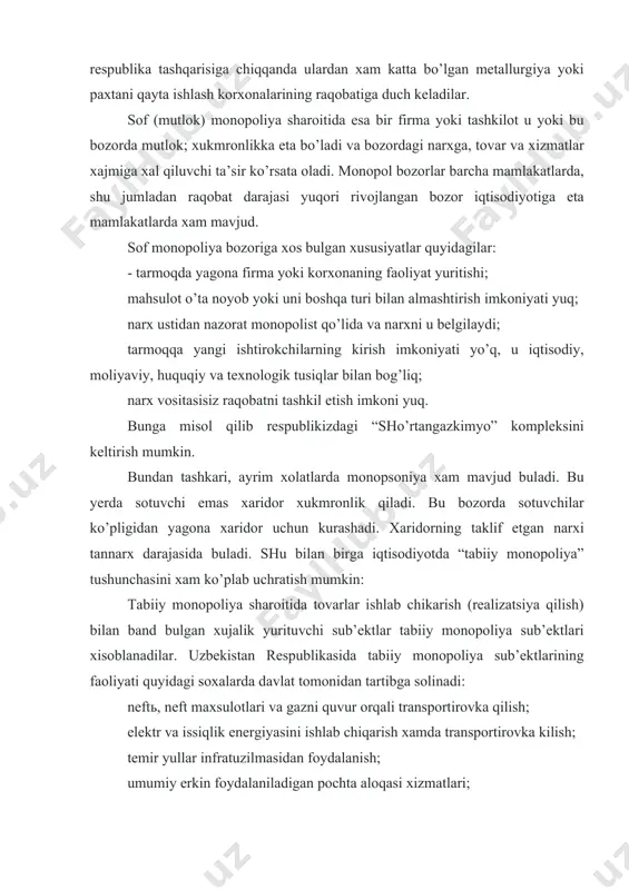 obat bulishi mumkin. insofsiz raqobat bozorda firmalar, korxonalar uz raqobatdoshi bulgan sub’ektlarga nisbatan zarar keltiradigan, uning tadbirkorlik obrusiga putur yetkazadigan yolg’on, noaniq yoki buzib kursatilgan ma’lumotlarni tarqatishi, ularning intellektual boyliklaridan noqonuniy foydalanishlari, tovarni tayyorlash usuli, xususiyati va joyi, iste’mol xossalari, sifati xususida iste’molchilarni chalg’itishlari, josuslik, qo’poruvchilik va ug’irlik kabi usullardan foydalanish tushuniladi. xalol raqobat esa buning aksi bulib, asosan ikki usulda, ya’ni narx va sifat orkali olib borilishi mumkin. narx orkali raqobatlashuv usuli tanlanganda narxni tushirish va kutarish orkali raqobatlashiladi. bunda raqobatlashadigan firmaning narxni kutarish yoki pasaytirish chegarasi asos kilib olinadi. ammo shuni unutmaslik zarurki, narx bilan raqobatlashish xamisha xam qo’l kelavermaydi. shuning uchuy iqtisodiyotda tovarning sifati orkali raqobatlashish aloxida o’rin tutadi. jumladan, agar ikki firma tomonidan taqdim etilayotgan maxsulot yoki tovarning narxi bir xil bulsa, xaridor o’z-o’zidan uning sifatiga, afzalligiga e’tiborni qaratadi va sifati yukori bulgan tovarni sotib olishga intiladi. raqobatni sub’ektlariga karab asosan uchta guruhga bo’lish mumkin. 1. …