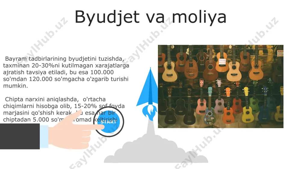 fati, masalan, 1000 vattli professional karnay tizimi yoki undan yuqori, tomoshabinlar soni va maydon hajmining akustik xususiyatlariga mos kelishi kerak. yoritish uchun kamida 500 lyuks yorug'lik zichligi ta'minlanishi, sahna, musiqachilar va tomoshabinlar uchun alohida yorug'lik sxemalari ishlab chiqilishi zarur. kontraktlar va shartnomalar konsert zallari yoki boshqa joylarni ijaraga olish uchun kamida 3 ta turli shartnoma variantini taqdim etish va ularning narx farqlarini ko'rsatish kerak. tadbirning texnik jihozlarini ta'minlash bo'yicha shartnoma, audio-video uskunalar soni va sifatiga, shuningdek, texnik xodimlar soniga bog'liq holda, 500.000 so'mdan 1.500.000 so'mgacha o'zgarishi mumkin. favqulodda vaziyatlar rejasi favqulodda vaziyatlar rejasi, kamida 3 ta muqobil joyni, har biri 100 dan ortiq tomoshabinga sig'adigan joylarni, o'z ichiga olishi kerak, shuningdek, transport va aloqa ehtimollarini ham hisobga olishi zarur. favqulodda holatlar uchun moliyaviy zahira rejasida kamida tadbir byudjetining 15% miqdorida mablag'lar ajratilishi va ularning sarflanishi ustidan qat'iy nazorat o'rnatilishi shart. musiqiy bayramlarni tashkil qilish uchun zarur bo'lgan 30 kun oldin …