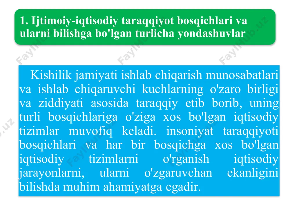 lga oshiruvchi shaxsiy va texnik-buyumlashgan elementlar tizimidan iborat. iqtisodiy munosabatlar – bu kishilar uchun zarur bo'lgan hayotiy ne'matlarni ishlab chiqarish, taqsimlash, ayirboshlash va iste'mol qilish jarayonida vujudga keladigan munosabatlardir. ular takror ishlab chiqarish munosabatlari yoki iqtisodiy munosabatlar deb ham ataladi. muayyan taraqqiyot darajasidagi ishlab chiqaruvchi kuchlar va ishlab chiqarish munosabatlari muayyan turining birligi va o'zaro ta'siri ishlab chiqarish usulini tashkil etadi. ishlab chiqarish usuli bilan jamiyat ustqurmasi ijtimoiy-iqtisodiy formatsiyani tashkil etadi. ishlab chiqarish munosabatlari tashkiliy-iqtisodiy munosabatlar mehnat taqsimoti ixtisoslashuv kooperatsiyalash ishlab chiqarish to'planuvi ishlab chiqarishning uyg'unlashtirilishi ijtimoiy-iqtisodiy munosabatlar ishlab chiqarish taqsimot ayirboshlash iste'mol mulkchilik ishlab chiqarish munosabatlari tarkibi ijtimoiy-iqtisodiy formatsiya ishlab chiqarish usuli ustqurma ishlab chiqarish munosabatlari ishlab chiqarish vositalari - mulkchilik - ishlab chiqarish - taqsimot - ayirboshlash - iste'mol munosabatlari va boshqalar siyosiy, huquqiy, mafkuraviy, milliy, oilaviy va boshqa ijtimoiy munosabatlar ishlab chiqaruvchi kuchlar ishchi kuchi ijtimoiy-iqtisodiy formatsiyaning tarkibiy tuzilishi madaniylashish (tsivilizatsiya) darajasi jihatdan yondashuv jamiyat taraqqiyotini tsivilizatsiyalarning …