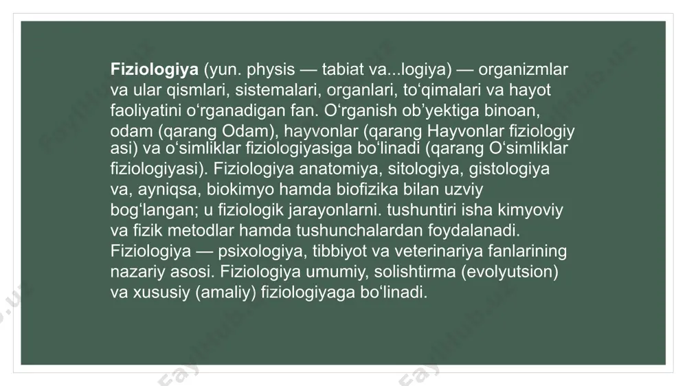 fiziologiya; organizmga dorilar taʼsirini oʻrganadigan umumiy va klinik farmakologiya, shuningdek, mikrobiologiya, virusologiya va parazitologiya, tibbiyot genetikasi va boshqa kiradi. odam kasalliklari, ularni davolash va oldini olishni oʻrganadigan klinik fanlar asosiy davolash usuliga koʻra, terapiya va xirurgiyaga boʻlinadi. tibbiyotning ushbu qismlari ham, oʻz navbatida, maʼlum organ, sistemalar kasalliklarini atroflicha oʻrganishi, yoʻnalishi boʻyicha turli sohalarga boʻlinadi. masalan, terapiyada kardiologiya, revmatologiya, nefrologiya, gastroenterologiya, gematologiya, geriatriya, ftiziatriya, pediatriya, nevrologiya, psixiatriya, dermatologiya va venerologiya, kurortologiya, fizioterapiya, rentgenologiya, terapevtik stomatologiya; xirurgiyazya, umumiy xirurgiyadan tashqari, akusherlik va ginekologiya xirurgiyasi, travmatologiya va ortopediya, anesteziologiya, reanimatologiya, neyroxirurgiya, onkologiya, urologiya, otorinolaringologiya, oftalmologiya xirurgiyalari ajratiladi. klinik fanlarning har birida bemorni tekshirish va kasallik belgilari semiotikasini aniqlash usullari boʻlimi bor. e’tiboringiz uchun rahmat image2.bmp image3.emf image4.png /docprops/thumbnail.jpeg