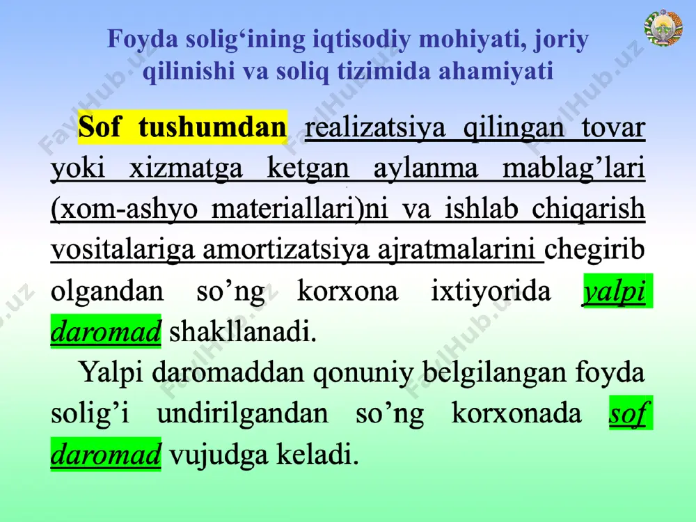 blag’lardan foydalanishdan olinadigan daromadlar 0 11 dividendlar tarzidagi daromadlar 5 12 qolgan soliq to’lovchilar, bundan 1 - 11-bandlarda ko’rsatilganlar mustasno 15 * foyda solig‘i stavkalari (sk. 337-modda.) * foyda solig‘i stavkalari (sk. 337-modda.) * foyda solig‘i stavkalari (sk. 337-modda.) * o‘zbekiston respublikasi prezidentining farmoni «tadbirkorlik subyektlarining eksport salohiyatini yanada kengaytirish chora-tadbirlari to‘g‘risida» 2022-yil 30-sentabr, pf-228-son o‘zbekiston respublikasi prezidentining 2022-yil 28-yanvardagi “2022-2026-yillarga mo‘ljallangan yangi o‘zbekistonning taraqqiyot strategiyasi to‘g‘risida”gi pf-60-son farmoni hamda o‘zbekiston respublikasi prezidentining tadbirkorlar bilan 2022-yildagi “ochiq muloqoti”da belgilangan vazifalarni amalga oshirish, shuningdek, eksport faoliyatini qo‘llab-quvvatlash tizimini yanada takomillashtirish maqsadida: 1. belgilansinki, 2022-yil 1-noyabrdan boshlab «eksport qiluvchi tashkilotlarga foyda solig‘i va aylanmadan olinadigan soliq bo‘yicha soliq solinadigan bazani kamaytirish ko‘rinishidagi imtiyozlar tovarlar (ishlar, xizmatlar)ni realizatsiya qilishdan tushgan umumiy tushumdagi eksport hajmining ulushidan qat’i nazar qo‘llaniladi». * foyda solig‘i stavkalari (sk. 337-modda.) * nogironlar mehnatidan foydalanadigan korxonalar uchun 1. xodimlarning umumiy soni, kishi 60 shu jumladan nogironlar, kishi 15 xodimlarning umumiy …