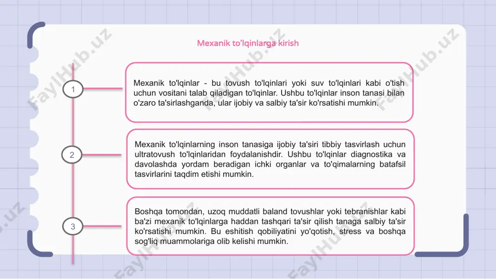 to'lqinlarning mumkin bo'lgan xavflaridan himoya qila olamiz. mexanik to'lqinlarga mushak-skelet tizimining javobi mexanik to'lqinlar inson tanasiga, xususan, mushak-skelet tizimiga sezilarli ta'sir ko'rsatishi mumkin. mexanik to'lqinlar ta'sirida mushaklar charchoq va bezovtalikka olib keladigan tebranishlarni boshdan kechirishi mumkin. bu tebranishlar, shuningdek, mushaklarga qon oqimini rag'batlantirish, ularning kislorod va oziq moddalar bilan ta'minlash yaxshilash mumkin. biroq, mexanik to'lqinlarga haddan tashqari ta'sir qilish mushaklarning qattiqligi va og'rig'iga olib kelishi mumkin, bu esa potentsial jarohatlarga olib keladi. shuning uchun mexanik to'lqinlarning tayanch-harakat tizimiga ta'sirini tushunish va tanaga yuzaga kelishi mumkin bo'lgan salbiy ta'sirlarni minimallashtirish uchun ehtiyot choralarini ko'rish muhimdir. 1 2 3 eshitish va eshitish tizimiga ta'siri mexanik to'lqinlar inson tanasining eshitish va eshitish tizimiga havo orqali va quloq kanaliga o'tadigan tebranishlarni keltirib chiqarishi mumkin. bu to‘lqinlar quloq pardasiga yetib borgach, uning tebranishiga sabab bo‘ladi, bu esa o‘z navbatida tebranishlarni elektr signallariga aylantiruvchi kokleadagi mayda tukchalarni rag‘batlantiradi. keyin bu signallar miyaga yuboriladi, u erda ular …