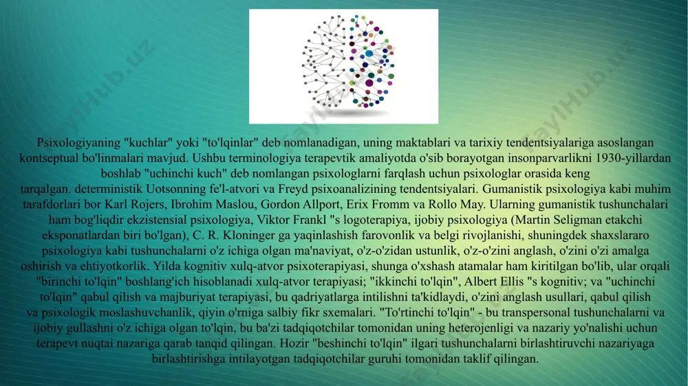 huning uchun sanab o'tilgan usullardan qaysi biri bemorga maksimal ta'sir ko'rsatishi mumkinligini aniqlash juda muhimdir. psixoanaliz zigmund freyd tomonidan kiritilgan va libido dinamikasini o'rganishga qaratilgan bo'lib, yo'nalish asoschisiga ko'ra, psixikaning tuzilishi va insonning asosiy xulq-atvor xususiyatlari bog'liqdir. shuningdek, psixologiyaning ushbu bo'limi asosiy modellar va stereotiplar, hayot va dunyo haqidagi g'oyalar yaratilganda, insonning bolaligiga alohida e'tibor berish bilan tavsiflanadi. keyin z. freyd tomonidan ilgari surilgan g'oyalarni karl yung davom ettirdi, ba'zi tuzatishlar kiritdi. u individual ongsizlikka kollektiv ongsizlikni qo'shib, psixoanaliz sohasini kengaytirdi. bu erda u arxetiplar tushunchasini kiritadi - har bir kishining shaxsiyatida mavjud bo'lgan, lekin turli darajada namoyon bo'ladigan asl tasvirlar. o'z ruhiyatini o'rganish uchun k.yung tushlarga e'tibor berishni taklif qildi, unda insonning shaxsiyati va uning haqiqiy istaklari va his-tuyg'ulari tasvirlar yordamida namoyon bo'ladi. psixodrama va logoterapiya kabi psixologiya sohalari hozirgi kunda boshqa zamonaviy tarmoqlar kabi keng tarqalgan emas.psixodramada shaxs va uning ijodiy imkoniyatlarini ochib berishga qaratilgan jismoniy harakatlar ishtirokida …