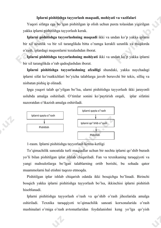 ar avtomatik tarzda bajariladi. bu mashinaning unumdorligini oshirishga, o’rash sifatini va ishlab chiqarish sharoitlarini yaxshilashga imkon beradi. jihozlarni takomillashtirishning hozirgi bosqichida, firmalar tomonidan yuqori darajada avtomatlashtirilgan o’rash avtomatlari yaratildi (1-jadval). 1-jadval o’rash avtomatlari tavsilotlari ko’rsatkich murata qpro (yaponiya) autoconer x5 (germaniya) savio polor (italiya) mahsulot turi paxta, shtapel tola, jun, sintetika va aralashmalar paxta, shtapel tola, jun, sintetika va aralashmalar tabiiy, sintetika va aralashmalar ipning inglizcha nomeri (ne) 3~142 2~100 2~147 o’rash tezligi, m/min 2200 2000 2200 o’rash turi 0 ~5˚57‟ 0 ~11˚ 0 ~5˚57 baraban yuritmasi servo motorli to’g’ri uzatma servo motorli to’g’ri uzatma servo motorli to’g’ri uzatma taranglagich turi ps sensor, ps tensor, ps bal-son autotense fx (elestromagnetism) s.a.t anti-patter pas 21 propask fx variopask fx (sore yarn) elestris anti patterning sistem uzunlik o’lchagich pls 21 ecopask fx s.a.m ushbu yo’nalishlarda «schlafhorst» firmasi autoconer o’rash avtomatlarining bir necha modellarini ishlab chiqargan. firmaning so’nggi yutuqlaridan biri autoconer 5x o’rash …