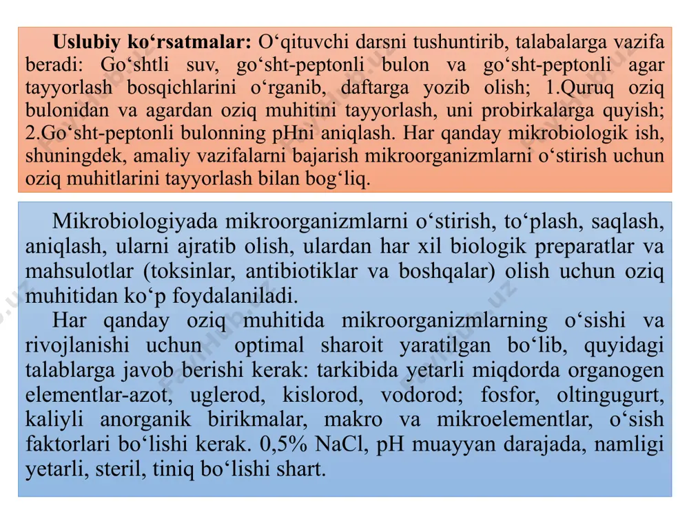 chi bakteriyalar, ichak tayoqchasi, gemolitik stafilokokklar, proteolitik mikroorganizmlar va boshqalar uchun tayyorlanadigan oziq muhiti). oziq muhitlarning klassifikatsiyasi tabiiy differensial - diagnostik oziq muhitlar (gissa, endo, ploskirev muhiti, baktoagar va boshqalar) bakteriyalarni fermentativ xossalariga qarab aniqlashga imkon beradi. mikrobiologiya amaliyotida asosan: go‘sht-peptonli bulon, go‘sht-peptonli agar va go‘sht-peptonli jelatina ishlatiladi. go‘sht suvini tayyorlash uchun yangi so‘yilgan mol yoki ot go‘shti ishlatiladi. buning uchun go‘shtni pay, suyakdan ajratib, qiymalagichdan o‘tkaziladi. chiqarilgan qiymaning ustiga sovuq suv quyiladi (1:2 nisbatda), aralashtirib, bir sutka salqin (4-60c li) joyga qo‘yiladi yoki ikki soat 370c da saqlanadi, so‘ngra bir soat qaynatilib paxta-doka filtrda filtrlanadi. filtrni siqib olib, filtiratga oldingi hajmiga yetguncha suv qo‘shiladi. keyin uni shisha idishga solib, avtoklavda 1200c issiqda 20-30 daqiqa sterillanadi. go‘sht-peptonli bulon (gpb) tayyorlash uchun go‘sht suviga 0,9% natriy xlorid va 1% pepton qo‘shiladi. keyin u 10 daqiqa qaynatiladi, ph (7,2-7,4) aniqlanadi, sovutiladi, filtrlanadi; oldingi miqdoriga yetkazish uchun suv qo‘shiladi, zarur idishlarga quyib, avtoklavda …