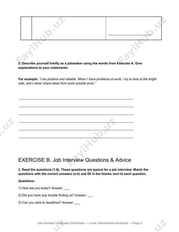urrent job is convenient, but i want to upgrade my skills. ___ 10. my goal is to improve my skills and learn more about sustainability in architecture. ___ job interview vocabulary worksheet — level: intermediate-advanced — page 1