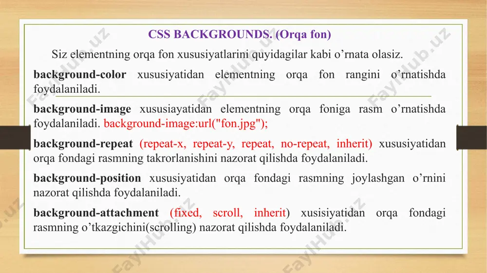 ossasi jumladagi so’zlar orasidagi masofani o’rnatishda ishlatiladi. text-indent (px larda) xossasi paragraf matni abzaslarini o’rnatishda ishlatiladi. text-align xossasi hujjatning matni joylashuvida foydalaniladi. text-decoration (line-through, overline, underline) xossasi tagiga yoki ustiga chizilgan yozuv va matnda joy tashlashda ishlatiladi. text-transform (capitalize, lowercase, uppercase) xossasi matn harflarini katta harflarga yoki kichik harflarga o’tkazishda foydalaniladi. white-space (pre, nowrap) xossasi xossasi matnni formatlash va o’qishni nazorat qilishda foydalaniladi. text-shadow (text-shadow:-4px 4px 4px red; text-shadow: -1px -1px 0 white, -2px -2px 0 red ) xossasi matn bo’ylab matn izini o’rnatishda foydalaniladi. css links – css da bog’lanishlar siz gipermurojaat xossalarini quyidagicha o’rnatishingiz mumkin. :visited xossasi gipermurojaatlarga tashrif buyurganlikni bildiradi. :hover bu xossa hozirgi vaqtda sichqoncha ko’rsatkichi gipermurojaat ustida turganligini bildiradi. :active bu element foydalanuvchi hozir gipermurojaatni bosganligini bildiradi. eslatma: a:hover elementi a:visited dan so’ng kelishi shart. shuningdek, a:active elementi a:hover dan so’ng kelishi shart. misol uchun: a:visited {color: #006600} a:hover {color: #ffcc00} a:active {color: #ff00cc} css …