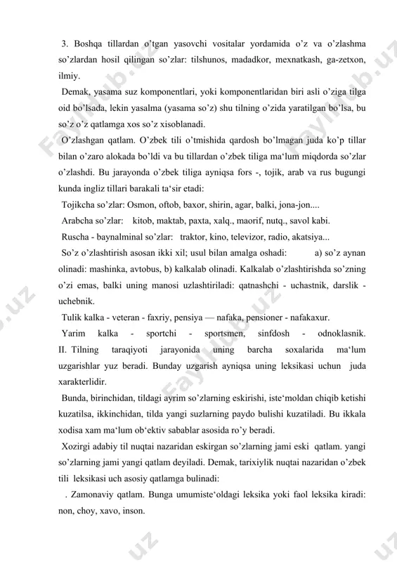 yangi so’zlarning jami yangi qatlam deyiladi. demak, tarixiylik nuqtai nazaridan o’zbek tili leksikasi uch asosiy qatlamga bulinadi: . zamonaviy qatlam. bunga umumiste‘oldagi leksika yoki faol leksika kiradi: non, choy, xavo, inson. eski katlam. bu katlam tarixiy so’zlarga (istorizmlarga) arxiaizmlarga bo’linadi. ko’l. jarchi, paranji - istorizmlar. ulus (xalq),tilmoch (tarjimon) - arxaizm. yangi qatlam. tilda yangi paydo bulga i va yangilik belgisi sezilib turadigan so’zlar yangi leksik katlamni tashkil etadi. bunday so’zlar neologizmlar deb xam yuritiladi: faks, aktsiya, fermer. iii. ilm - fan, texnika, kishloq. xo’jaligi va boshqa soxalarga oid tushunchalarning aniq, atamasi bo’lgan so’z yoki so’z birikmasi termin deyiladi. xar bir fan, kasb - xunar o’z terminlariga ega. bunday maxsus leksika terminologiya deb ham yuritiladi. terminlar yuqorida aytilgandek, kasb - hunarga, ilm - fanga doir tushunchalarni ifodalaydi. mana shunga kura terminlar - ilmiy terminlar va professional terminlarga ajratiladi. iv. frazeologiya tilshunoslikning frazeologik birikmalarini o’rganuvchi sohasidir. frazeologiya termini tilshunoslikda ikki ma‘noda ko’llaniladi: …